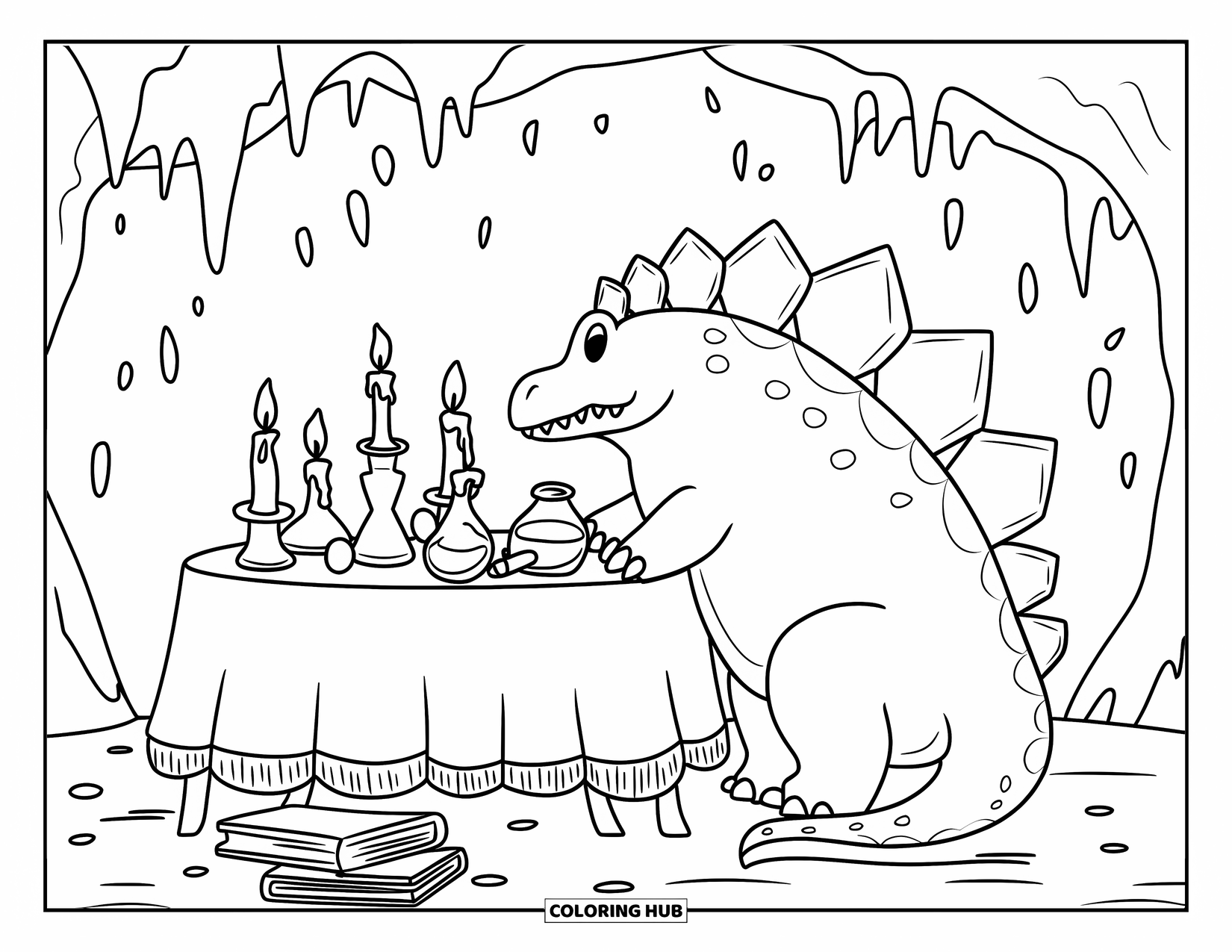 Halloween Dinosaur Coloring Page for Kids: A Stegosaurus stirs potions at a candlelit table in a spooky cave