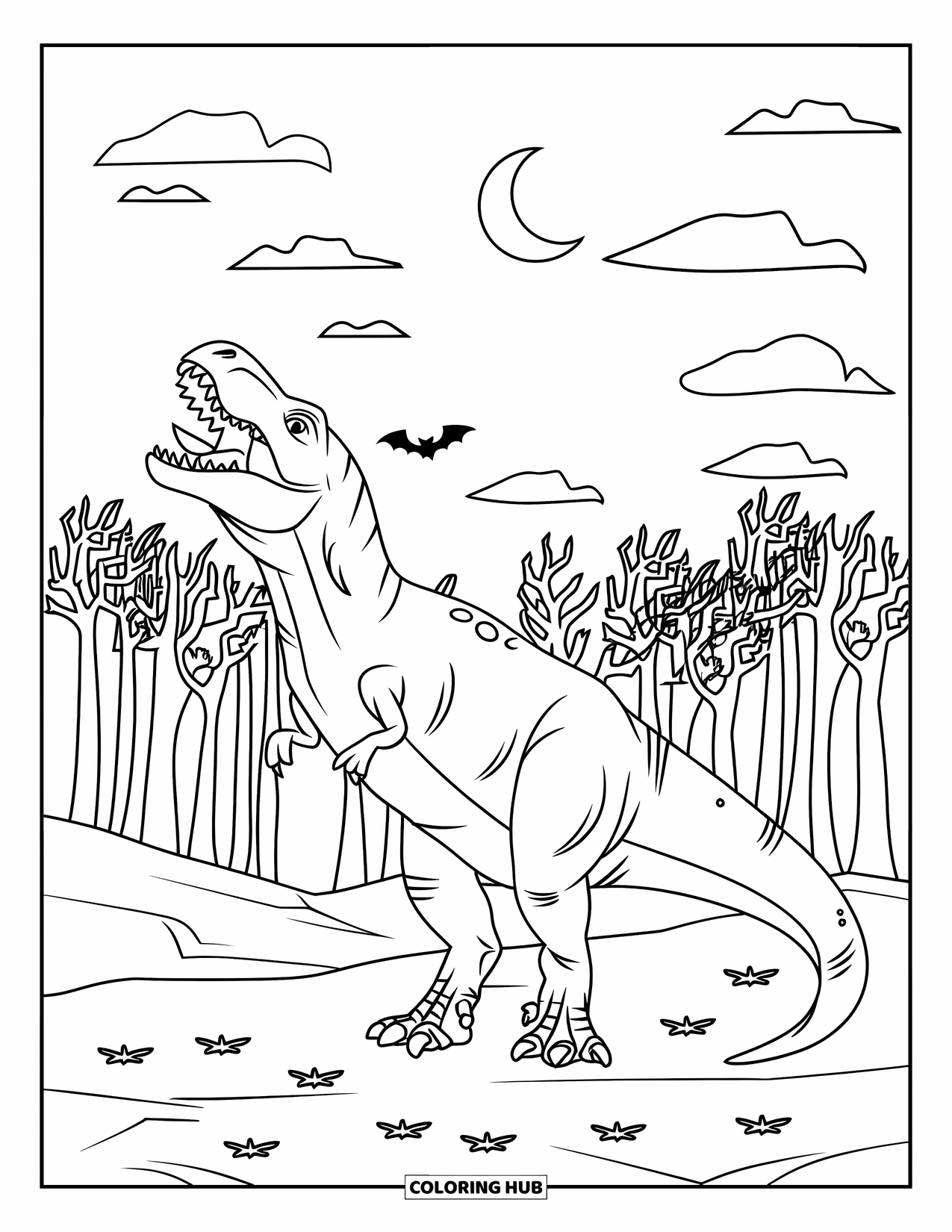 Halloween Dinosaur Coloring Page for Kids: A T-Rex howls at the moon near spooky twisted trees