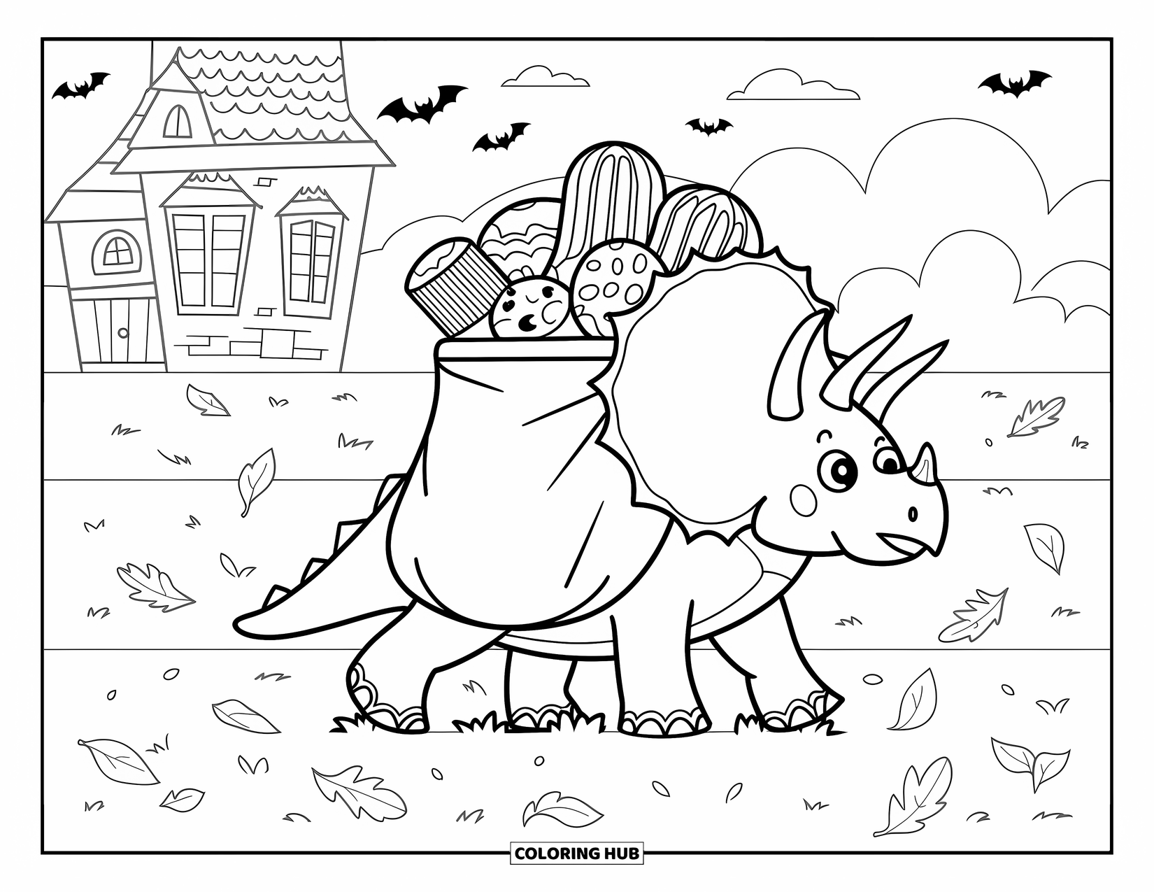Halloween Dinosaur Coloring Page for Kids: A Triceratops carries treats through flying leaves near a haunted house