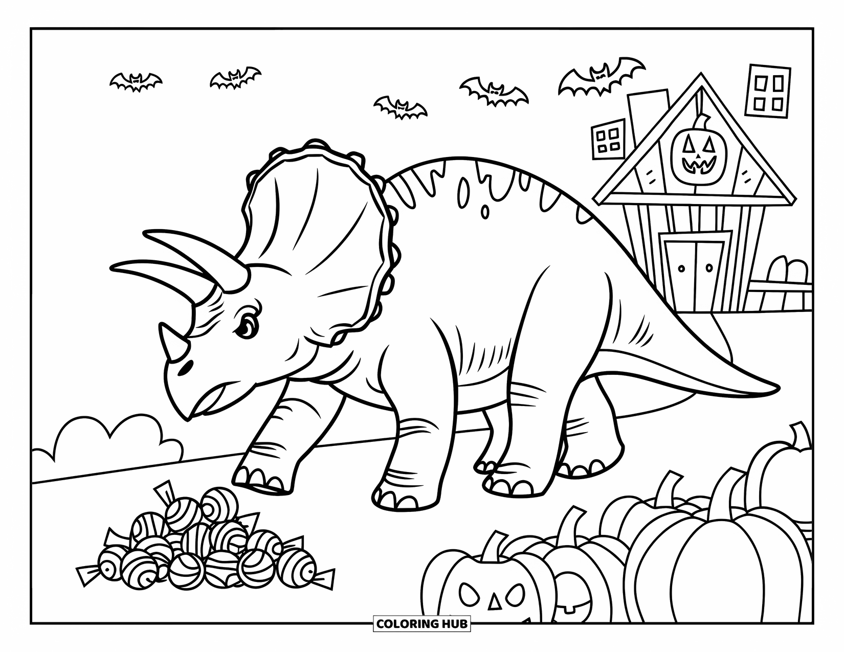Halloween Dinosaur Coloring Page for Kids: A Triceratops walks by candy and pumpkins near a haunted house