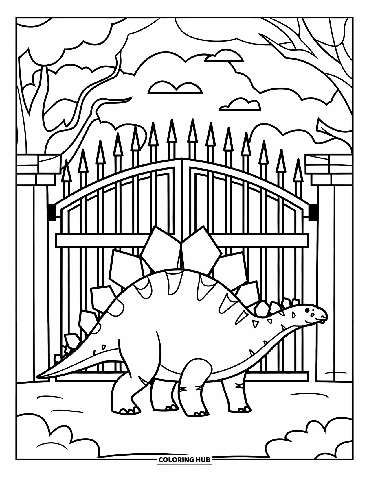 Halloween Dinosaur Coloring Page for Kids: A vampire Stegosaurus stands by a gothic gate with swirling clouds