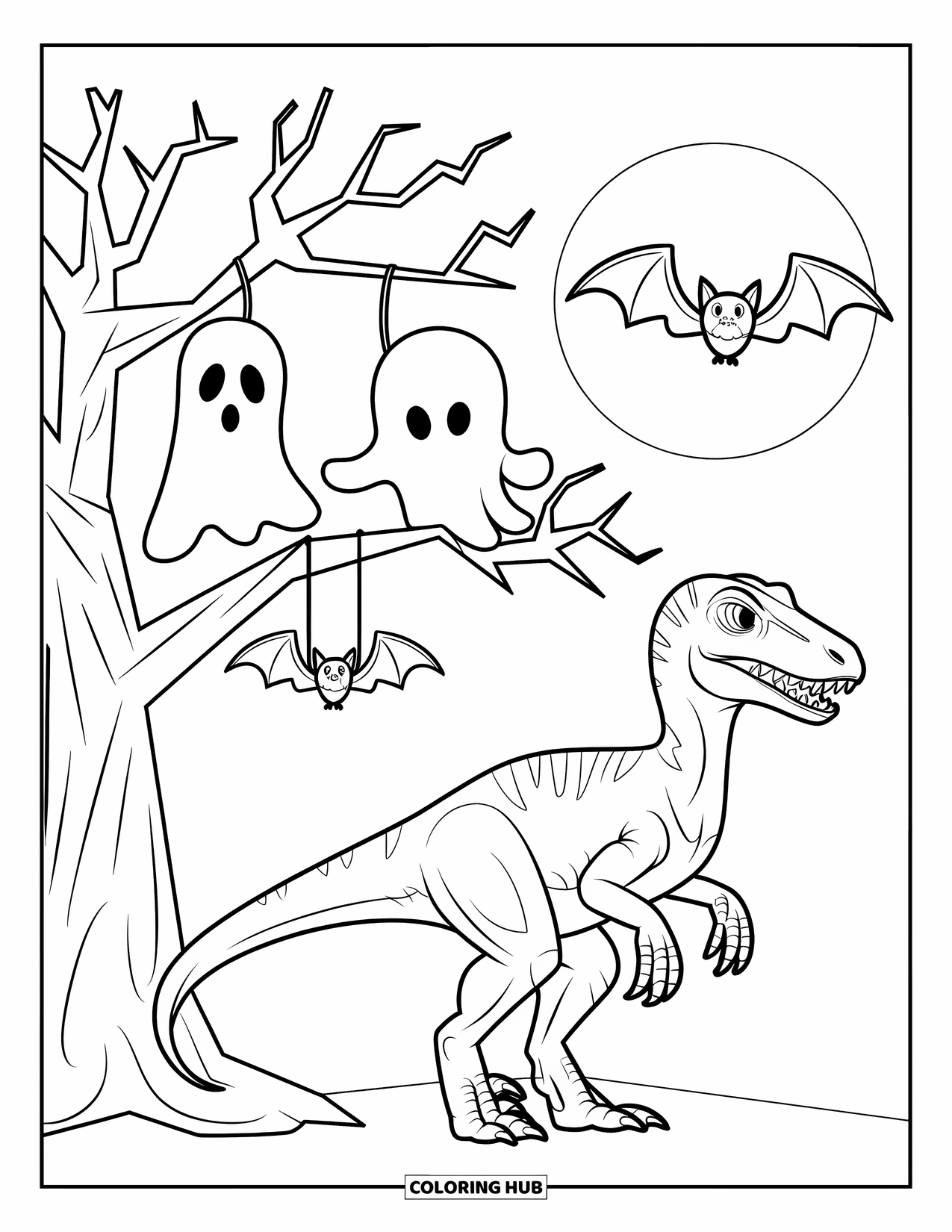 Halloween Dinosaur Coloring Page for Kids: A Velociraptor stands by a haunted tree and full moon