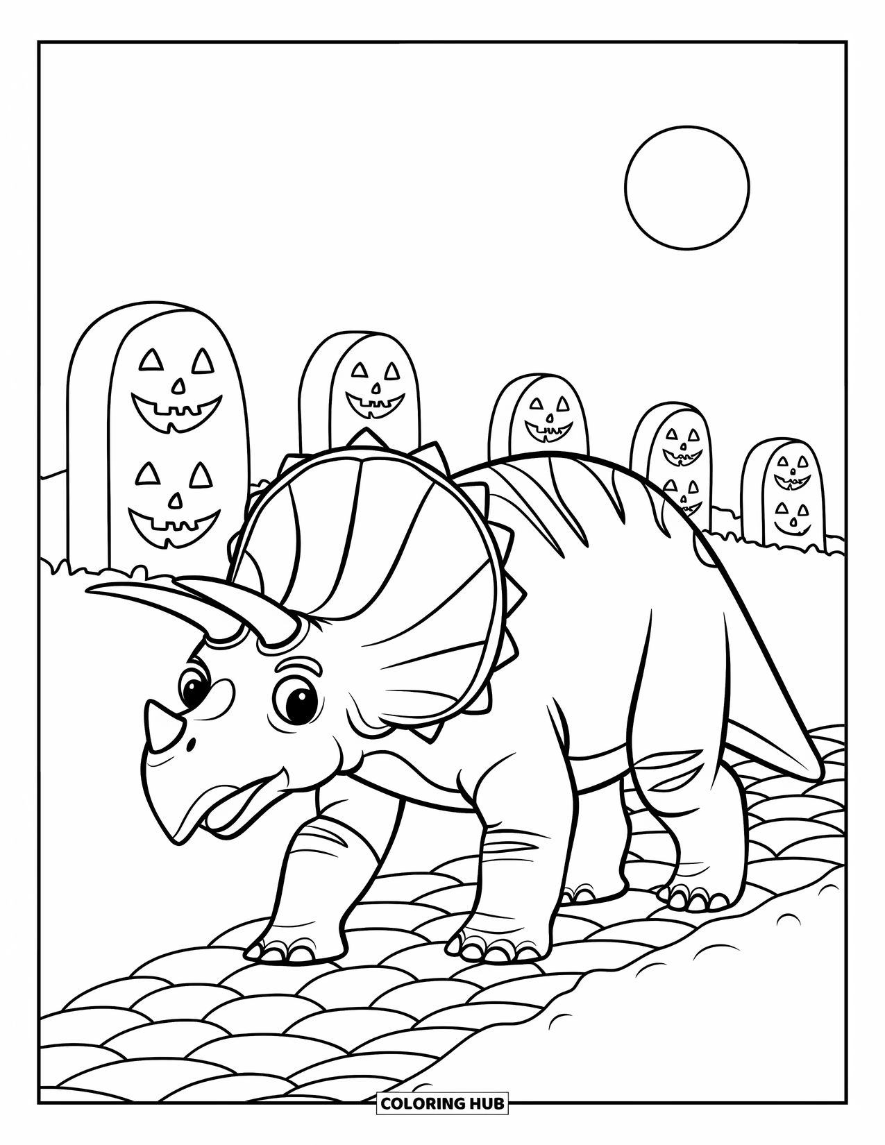 Halloween Dinosaur Coloring Page for Kids: A wide-eyed Triceratops walks a cobbled graveyard path under the moon