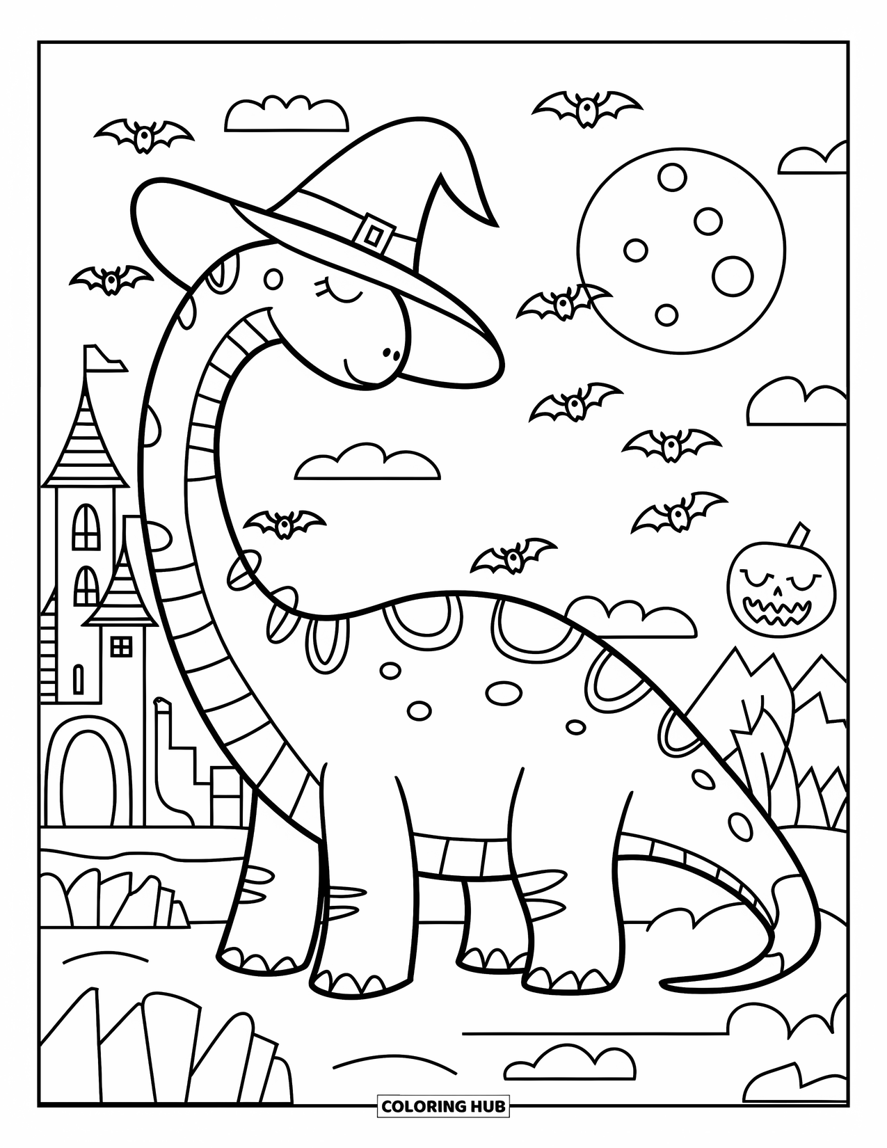 Halloween Dinosaur Coloring Page for Kids: A witch-hat Brachiosaurus stands on rocks with bats and a haunted castle