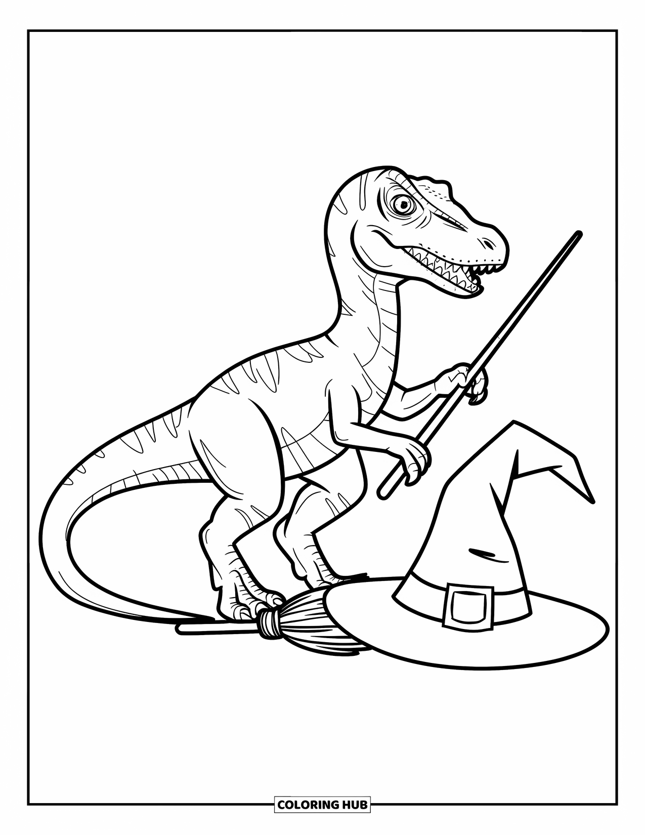 Halloween Dinosaur Coloring Page for Kids: A wizard-hat Velociraptor stands beside a hat and broom