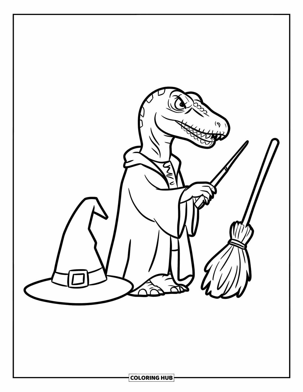 Halloween Dinosaur Coloring Page for Kids: A wizard-robe Velociraptor holds a wand near a broom and hat