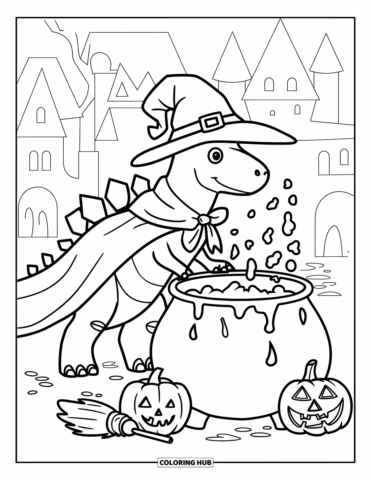 Halloween Dinosaur Coloring Page for Kids: A wizard Stegosaurus stirs green slime near pumpkins and a broom