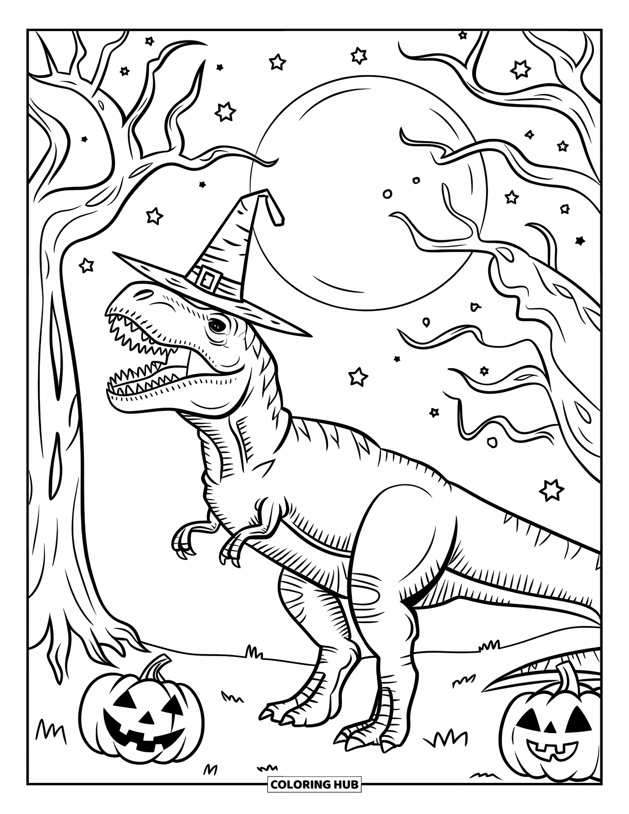 Halloween Dinosaur Coloring Page for Kids: A wizard T-Rex howls near pumpkins and spooky trees under a full moon