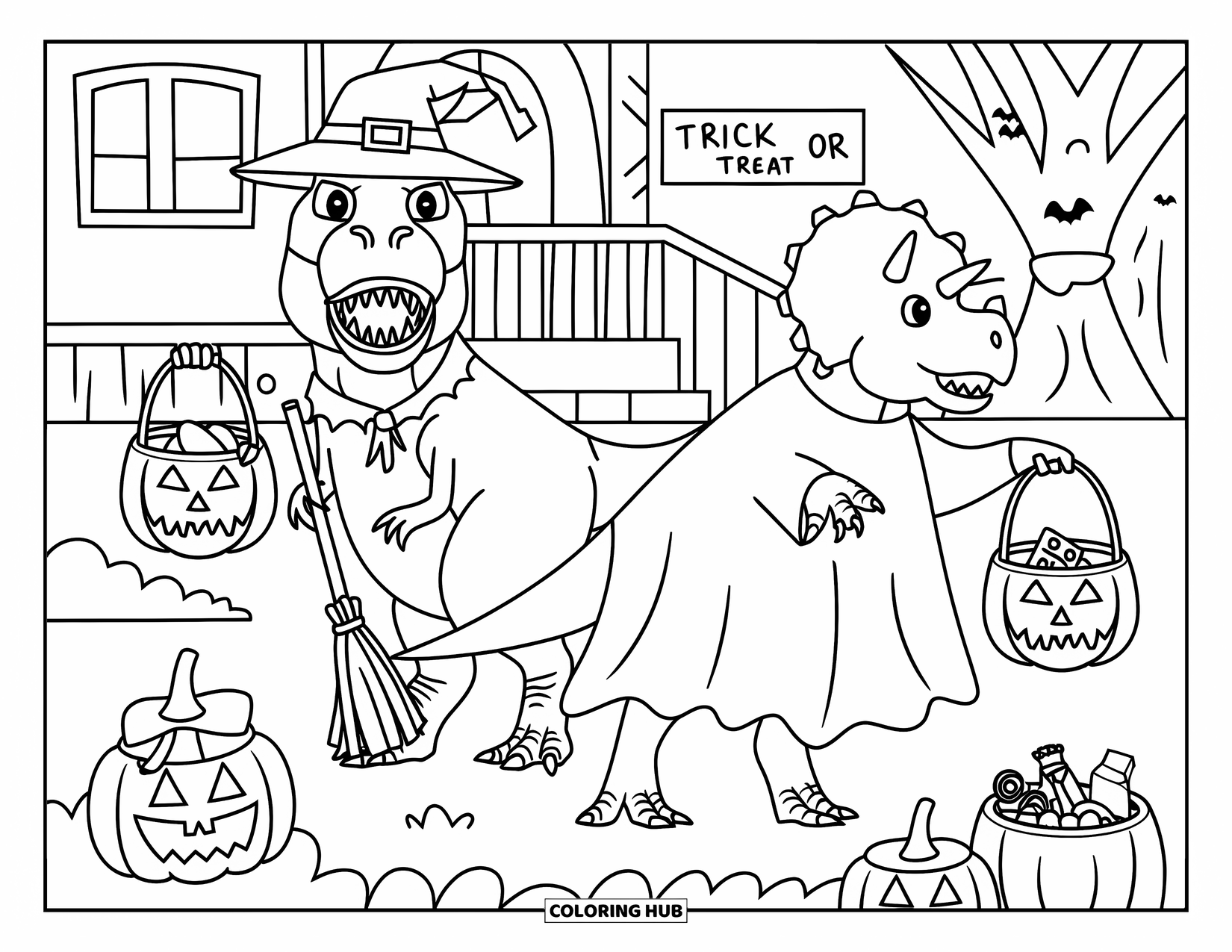 Halloween Dinosaur Coloring Page for Kids: Two dinosaurs in costumes collect candy near a spooky haunted house