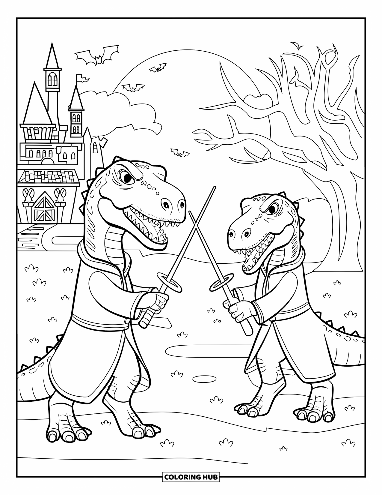 Halloween Dinosaur Coloring Page for Kids: Wizard dinosaurs fence with wands near a haunted castle and full moon