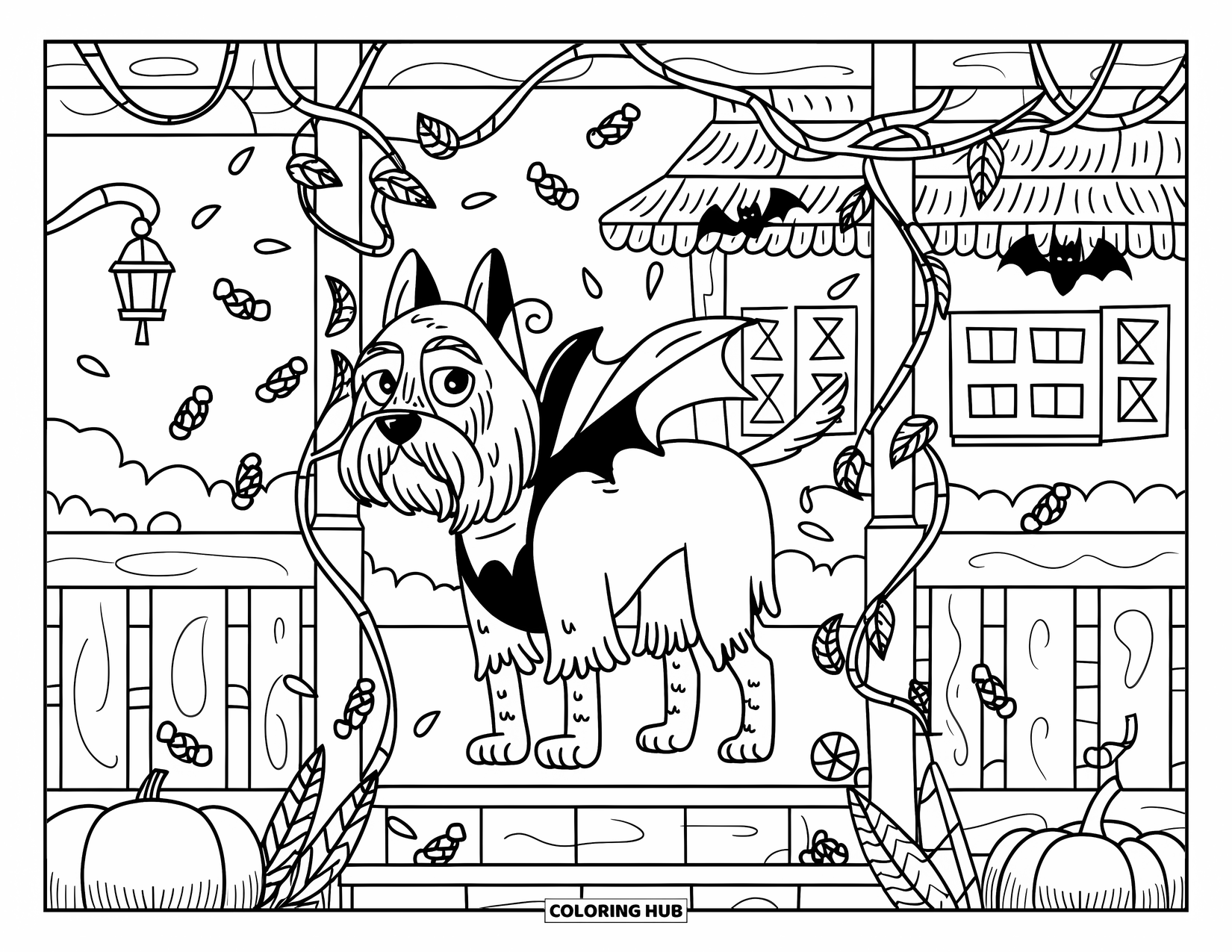 Halloween Dog Coloring Page for Adults: Bat-costumed dog on a porch with pumpkins, lantern, candy corn, and rustic vibes