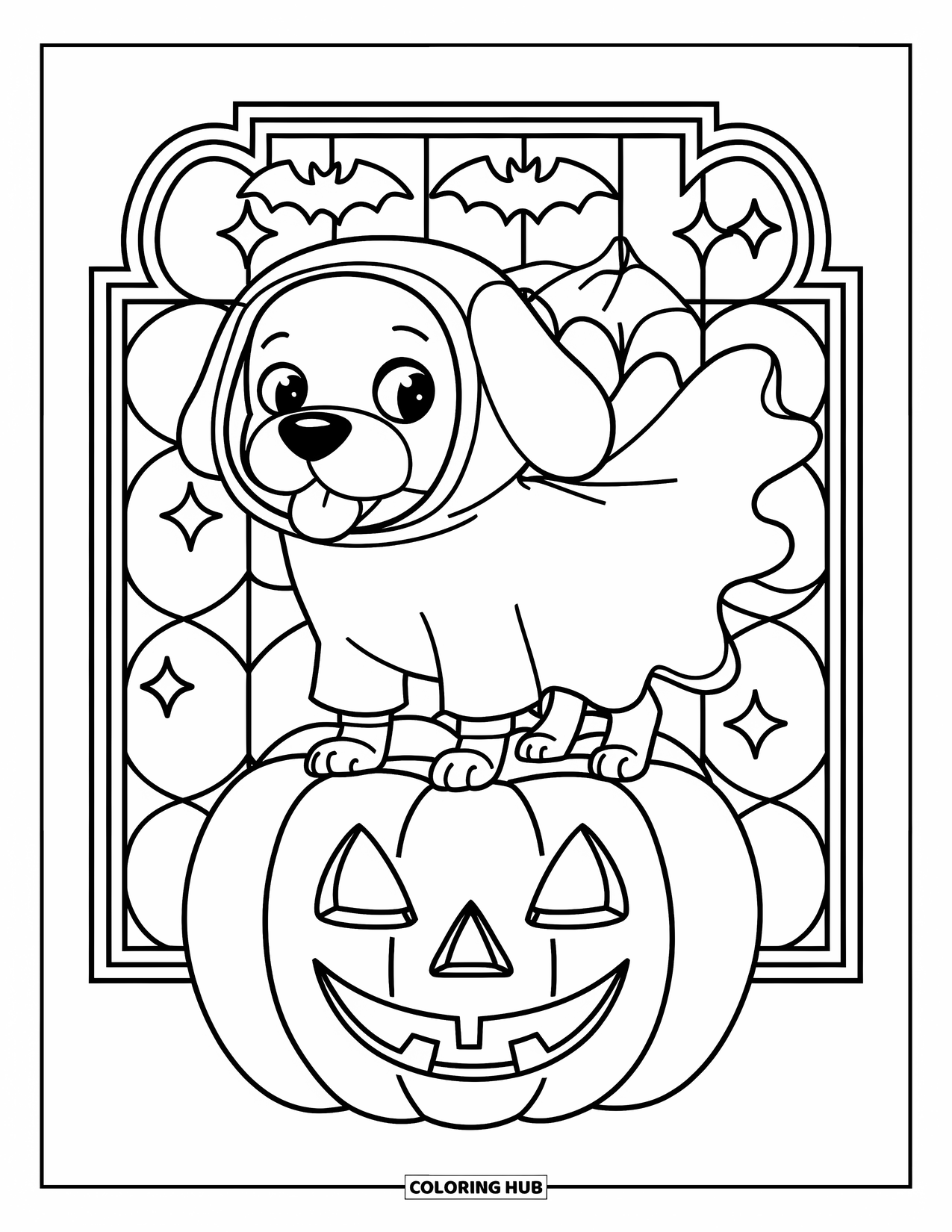 Halloween Dog Coloring Page for Adults: Dog in a ghost costume on a pumpkin with stained glass bats and stars