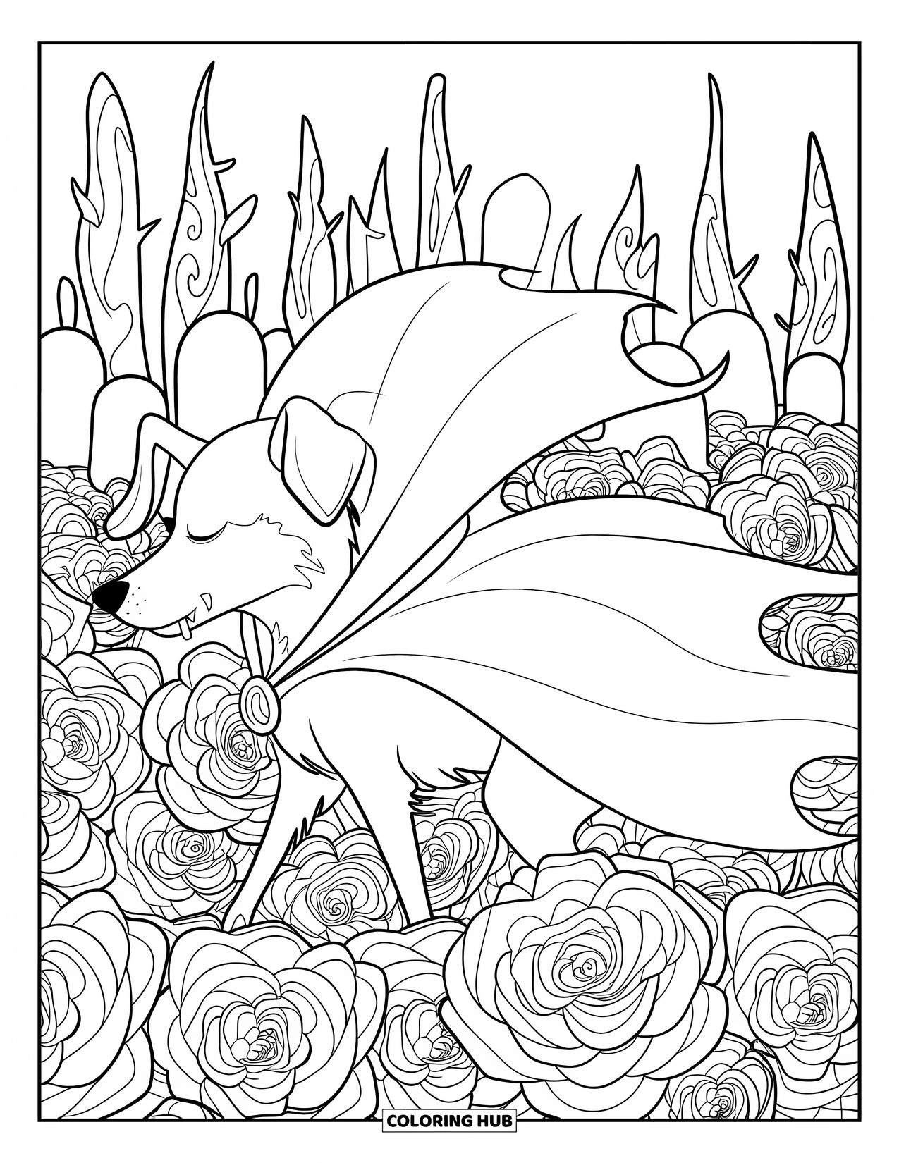 Halloween Dog Coloring Page for Adults: Dog in a vampire cloak stands among rose mandalas and tall spooky trees