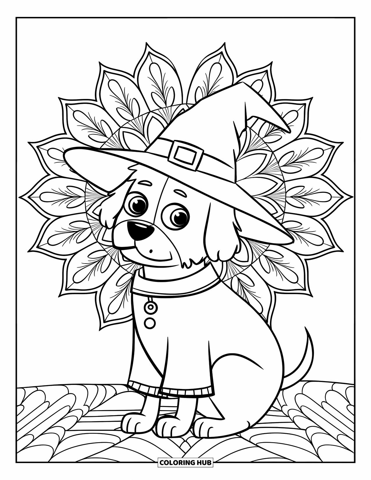 Halloween Dog Coloring Page for Adults: Dog in a witch hat sits calmly on patterned ground with a leafy floral mandala