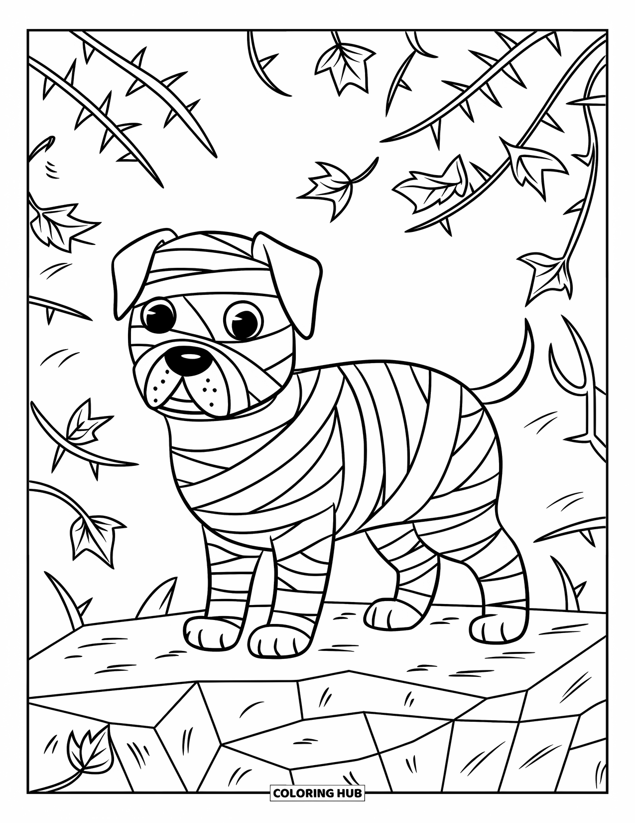 Halloween Dog Coloring Page for Adults: Dog in mummy wraps stands on rocks with thorns and scattered autumn leaves