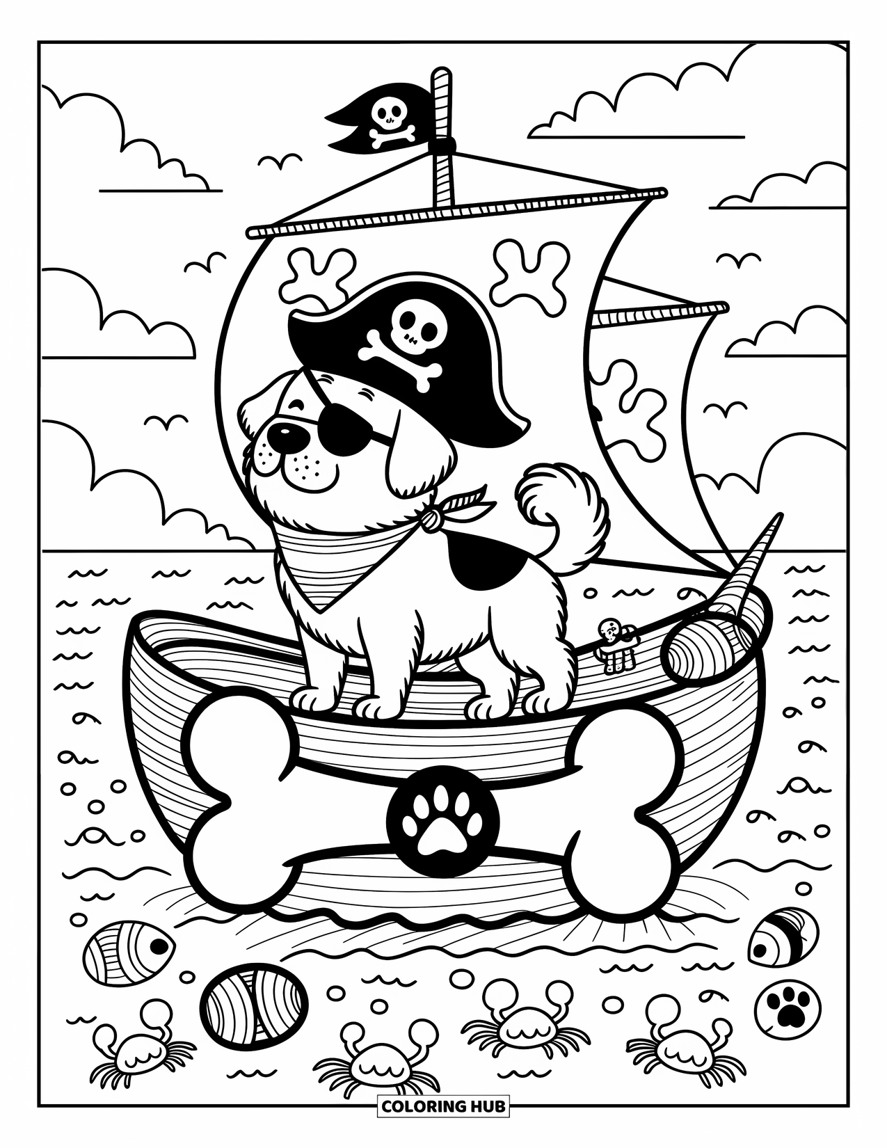 Halloween Dog Coloring Page for Adults: Dog pirate with eye patch on a bone boat sailing a calm ocean at sunset