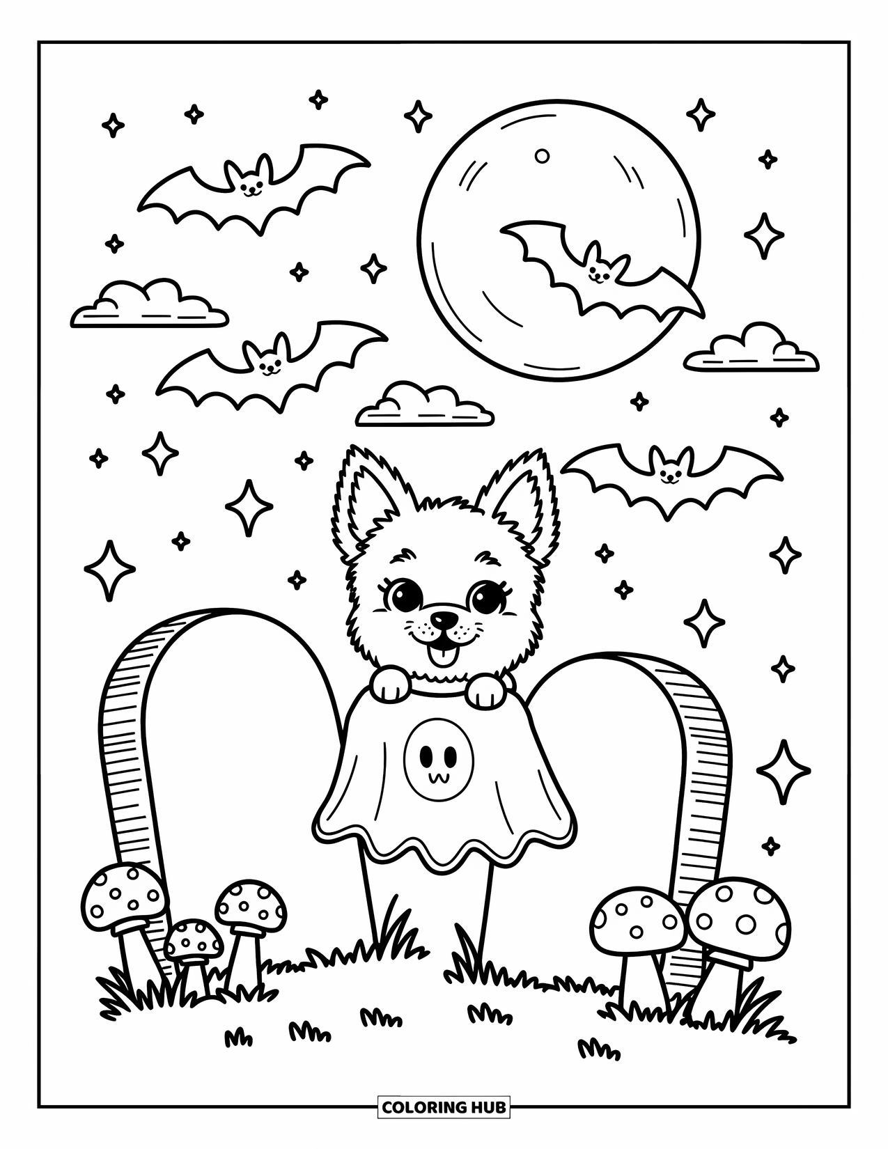 Halloween Dog Coloring Page for Adults: Ghost dog peeks out between cute gravestones under bats and a big full moon