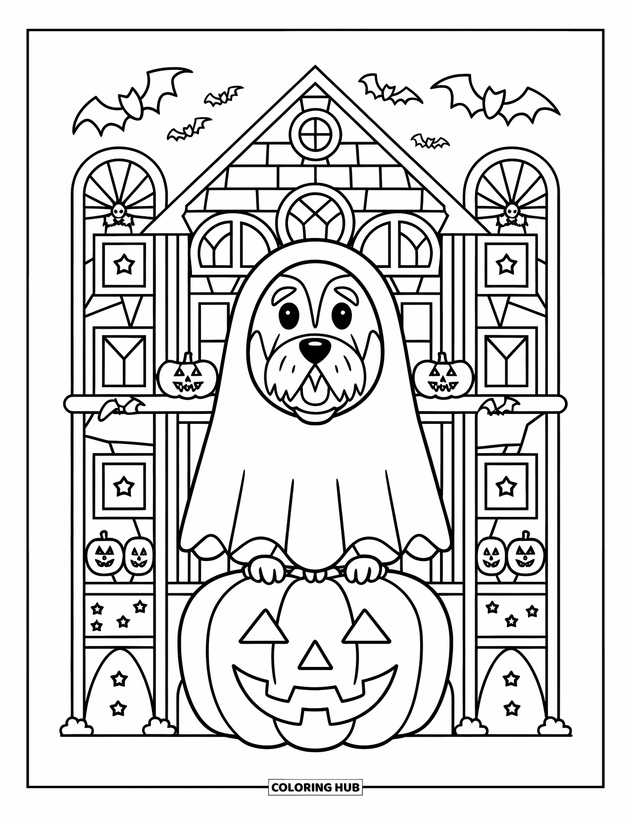 Halloween Dog Coloring Page for Adults: Ghost pup on a pumpkin with a haunted house and stained glass bats behind