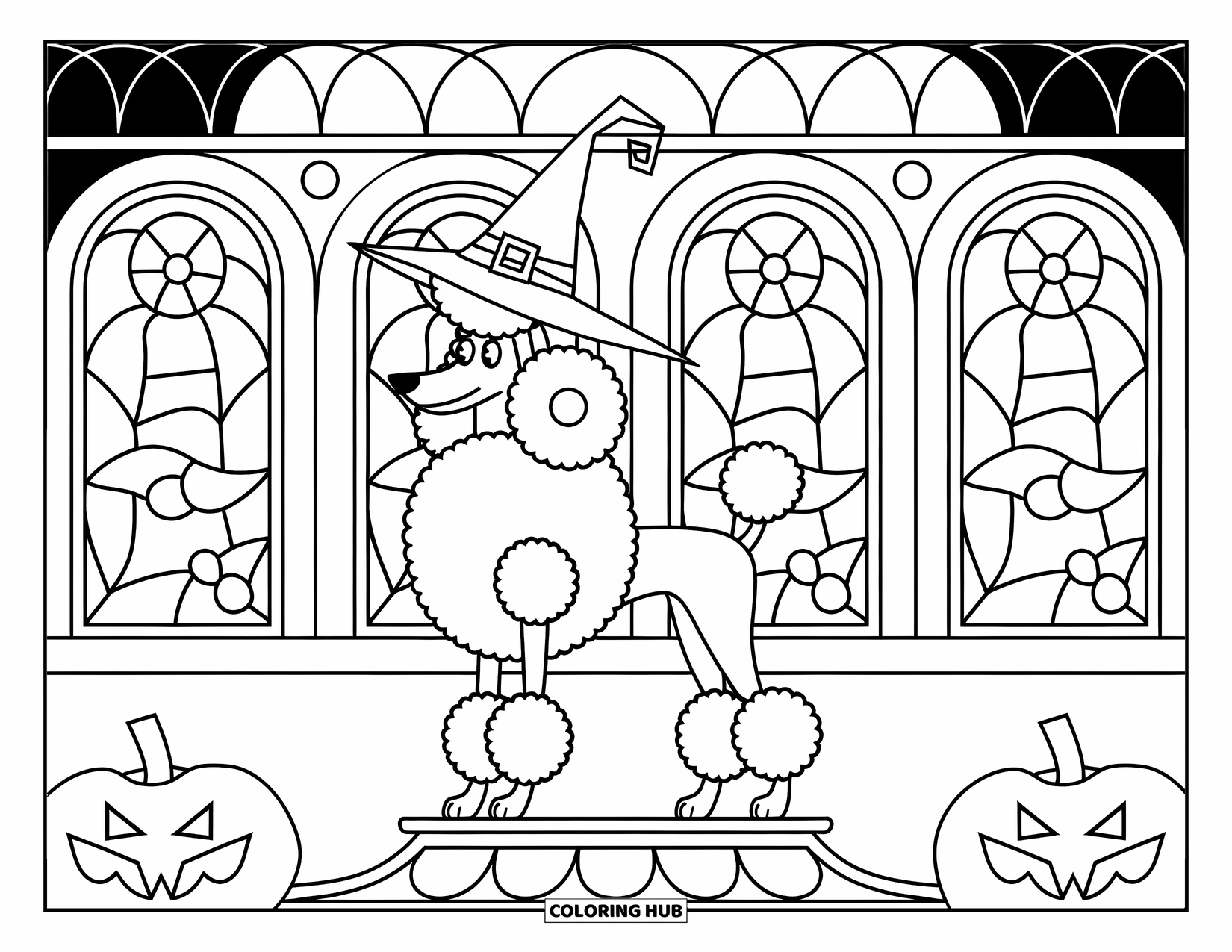 Halloween Dog Coloring Page for Adults: Poodle in a witch hat stands on a pedestal with candy glass and spooky windows