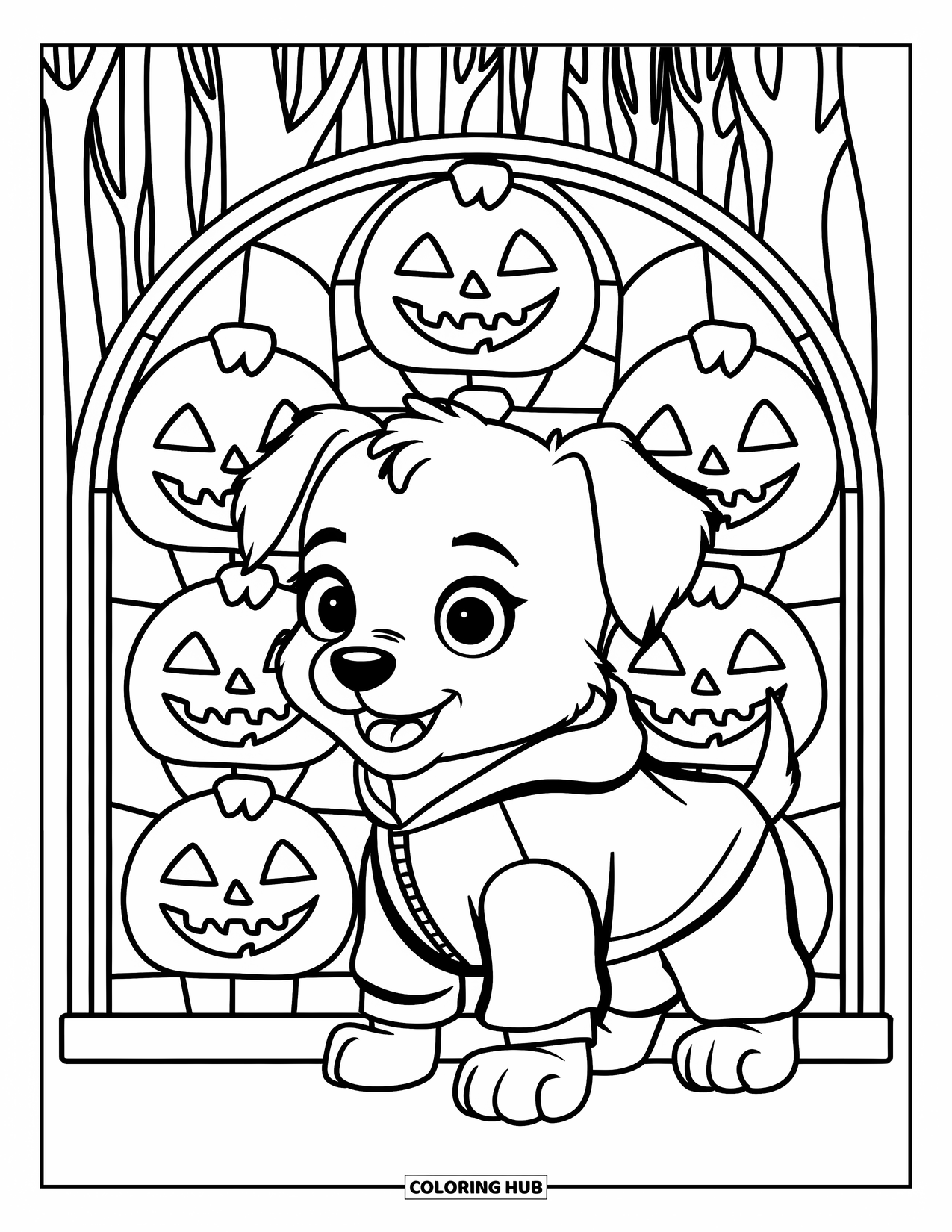 Halloween Dog Coloring Page for Adults: Pumpkin hoodie dog stands by stained glass lanterns in a haunted forest