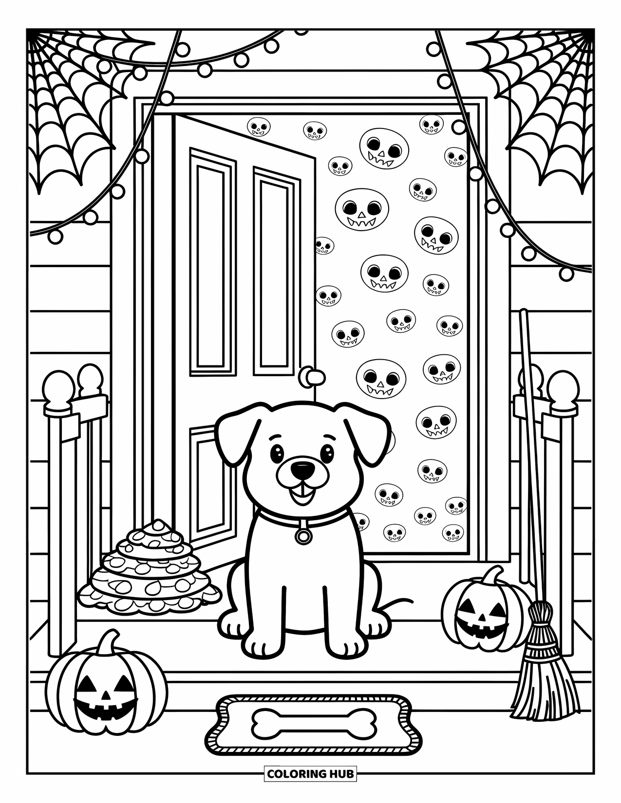 Halloween Dog Coloring Page for Adults: Puppy sits by a haunted house porch with cobwebs, lights, and a bone doormat