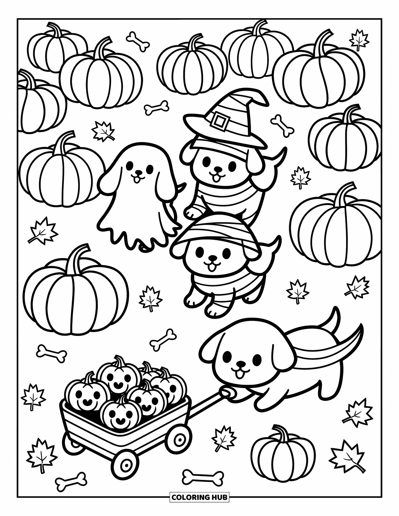 Halloween Dog Coloring Page for Adults: Witch, ghost, mummy, and vampire pups march past smiling pumpkins and fallen candy