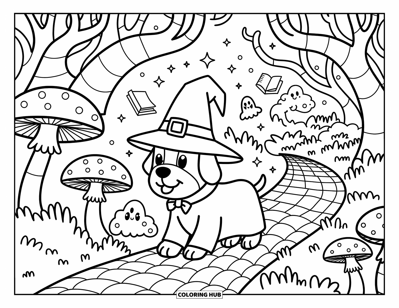 Halloween Dog Coloring Page for Adults: Wizard dog walks through a glowing forest with mushrooms, ghosts, and floating spellbooks