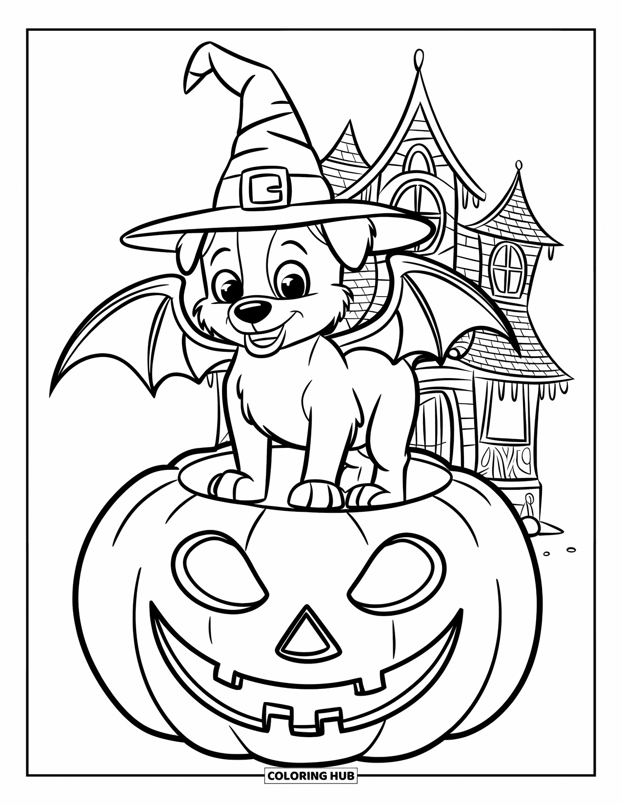 Halloween Dog Coloring Page for Kids: Bat-winged puppy on a smiling jack-o'-lantern in front of a haunted house