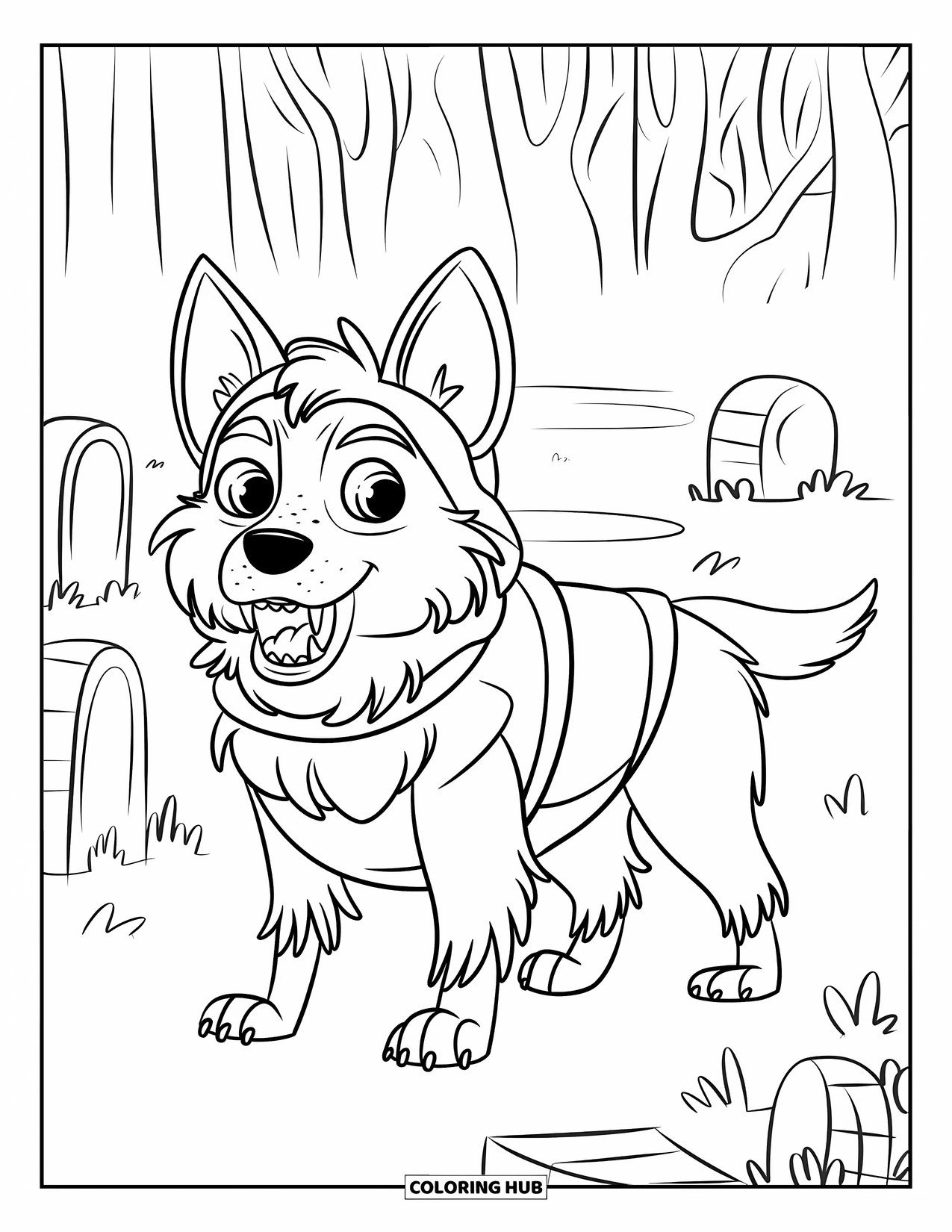 Halloween Dog Coloring Page for Kids: Border collie in a werewolf costume in a misty graveyard