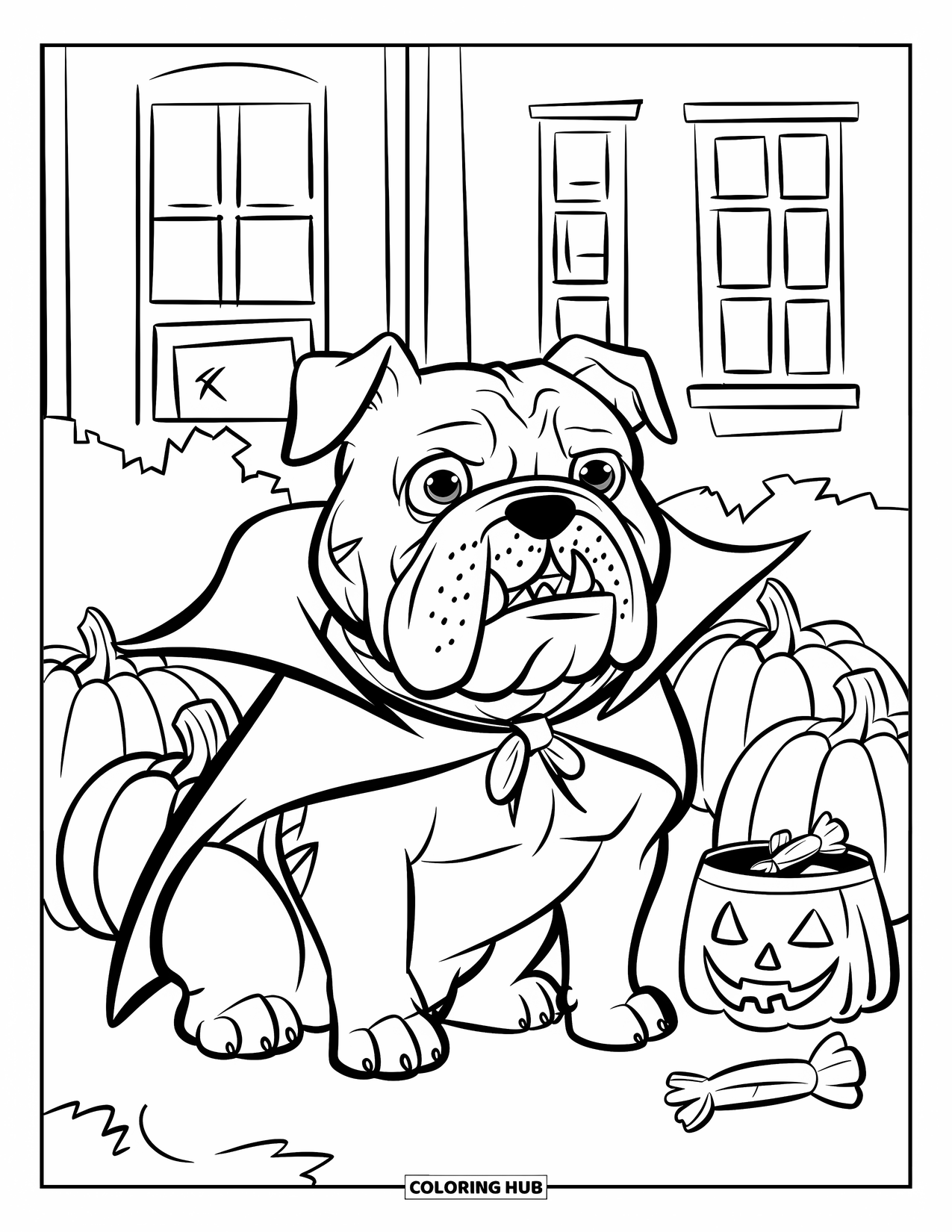 Halloween Dog Coloring Page for Kids: Bulldog in a vampire cape near pumpkins and a treat bucket