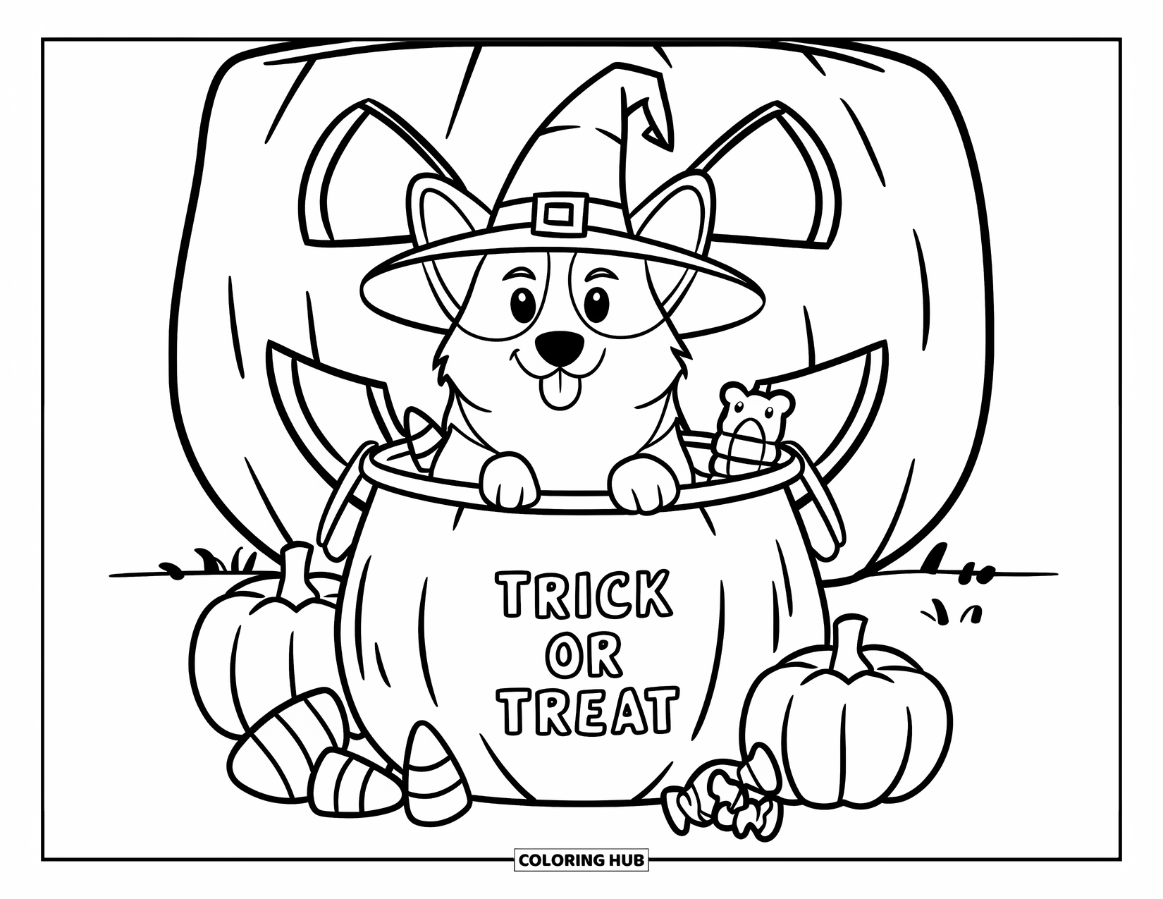 Halloween Dog Coloring Page for Kids: Corgi in a bucket of candy with a jack-o'-lantern behind