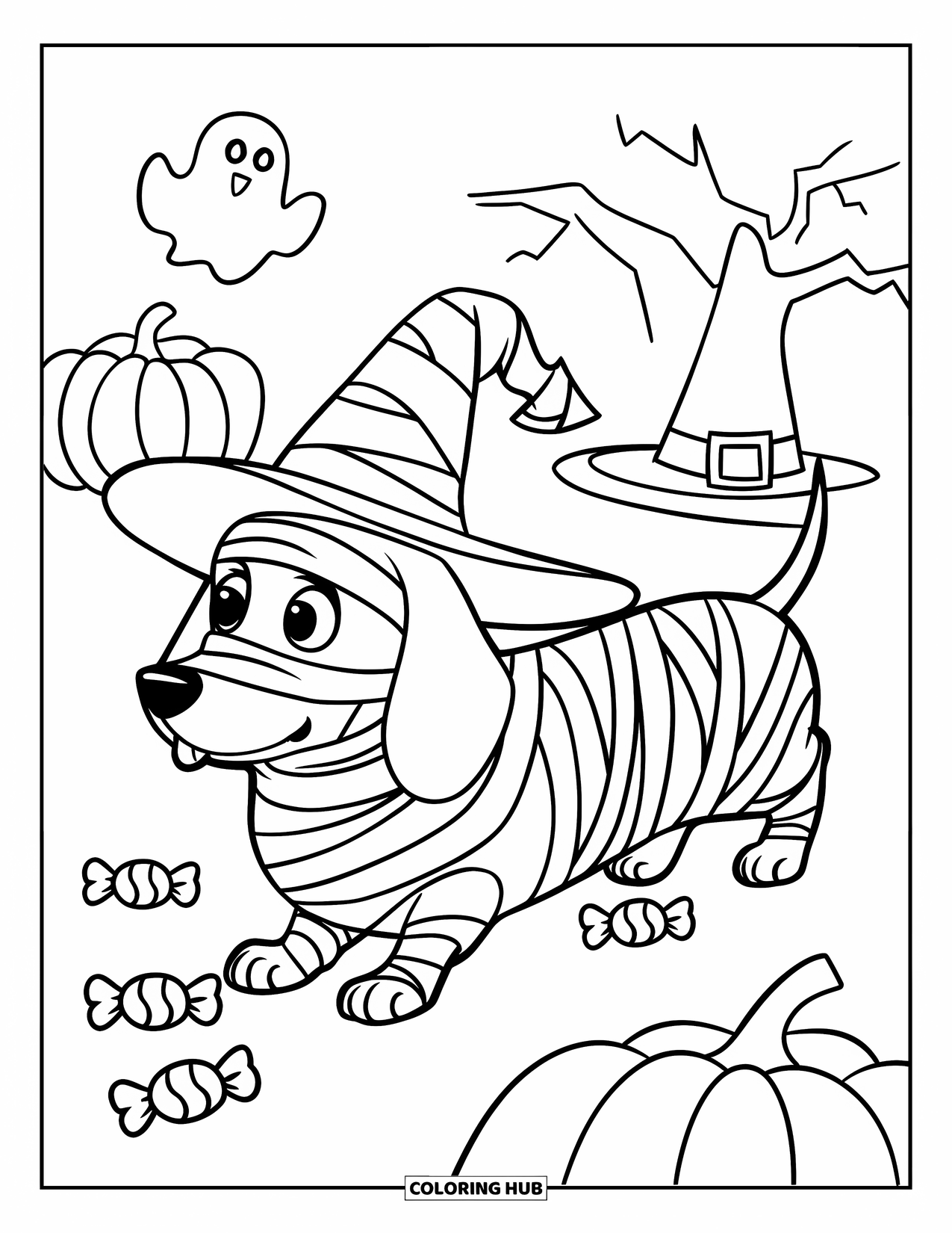 Halloween Dog Coloring Page for Kids: Dachshund in a mummy wrap and hat walking past pumpkins and ghosts