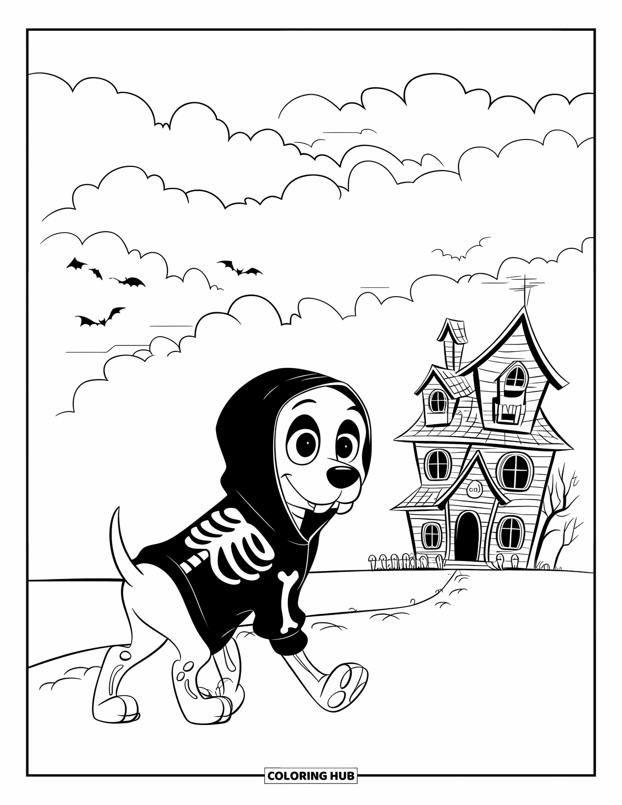 Halloween Dog Coloring Page for Kids: Dog in skeleton hoodie walking toward a haunted house under clouds