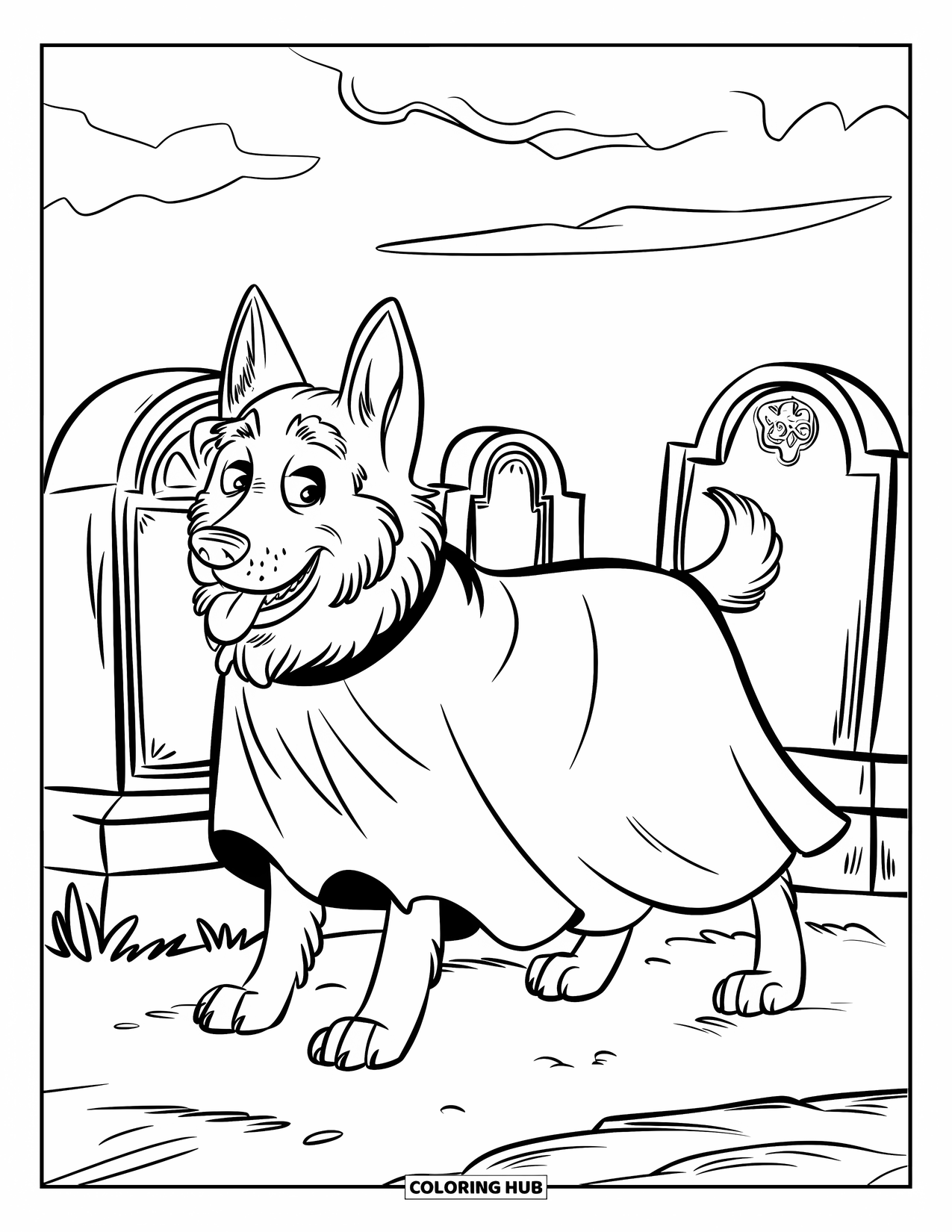 Halloween Dog Coloring Page for Kids: German Shepherd ghost costume near tombstones with carvings