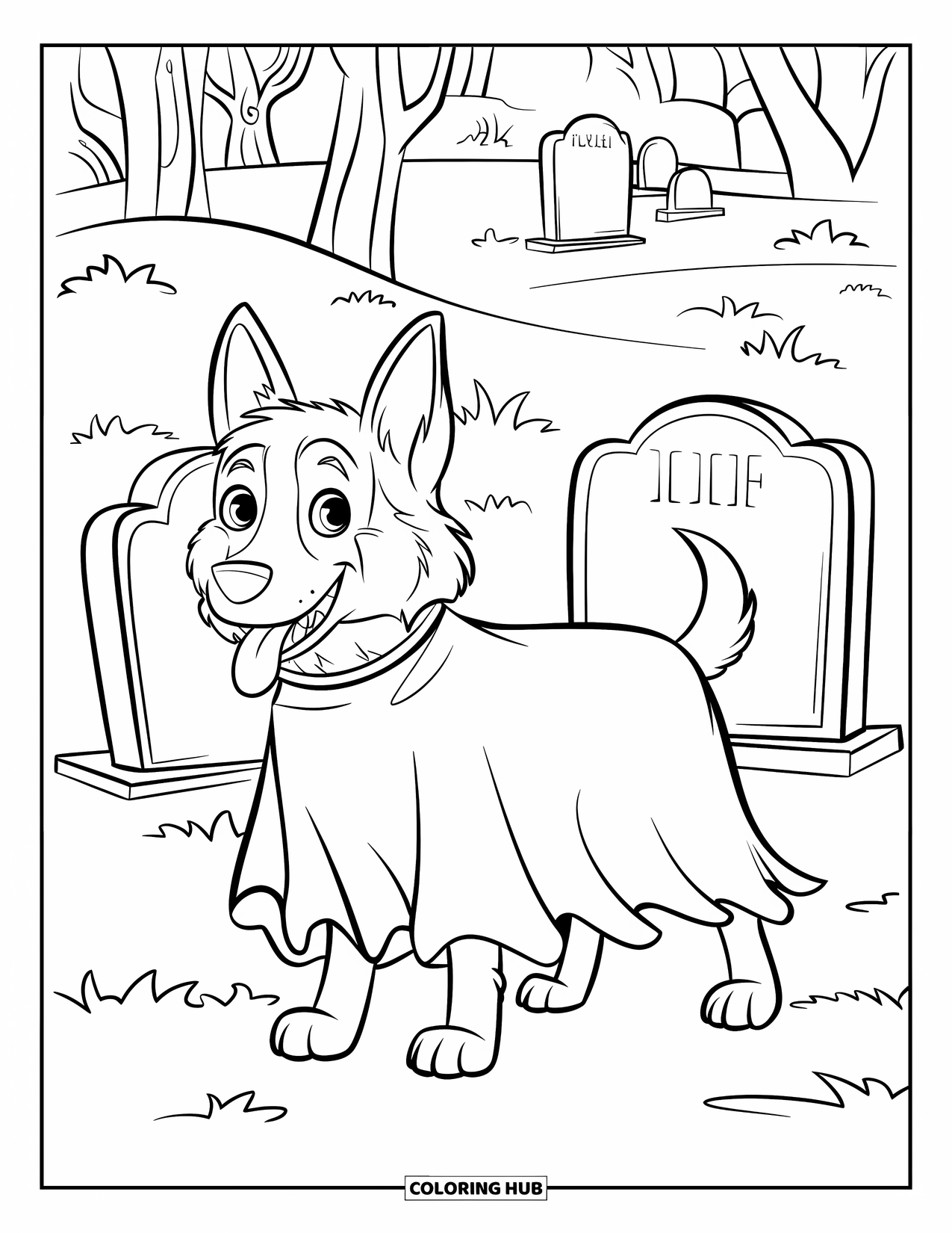 Halloween Dog Coloring Page for Kids: German Shepherd ghost dog near spooky trees in a cemetery