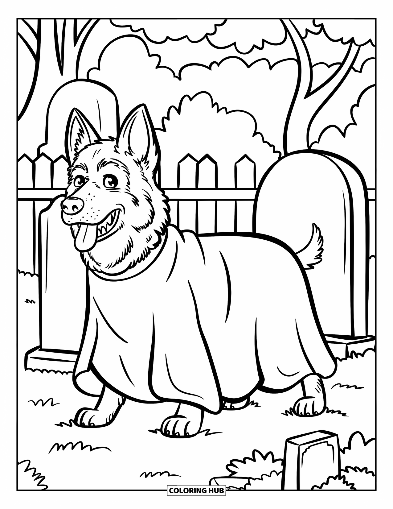Halloween Dog Coloring Page for Kids: German Shepherd in a ghost sheet near tombstones and trees