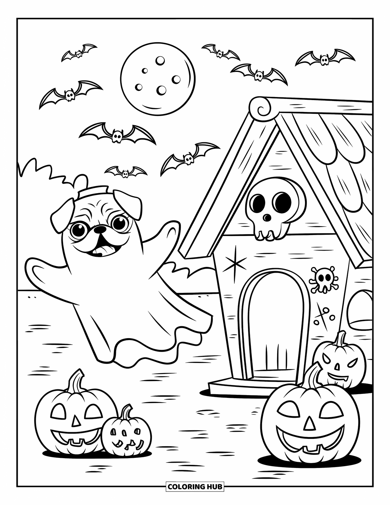 Halloween Dog Coloring Page for Kids: Ghost pug floating near a haunted doghouse with pumpkins and bats