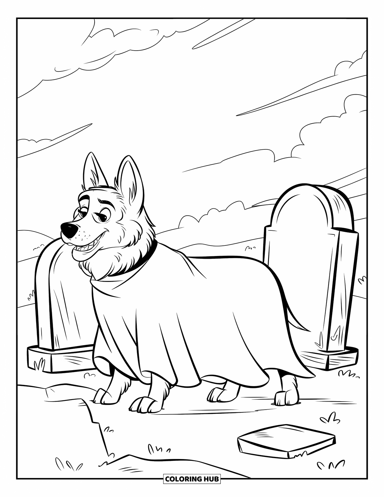 Halloween Dog Coloring Page for Kids: Ghost-sheet German Shepherd in a cloudy graveyard