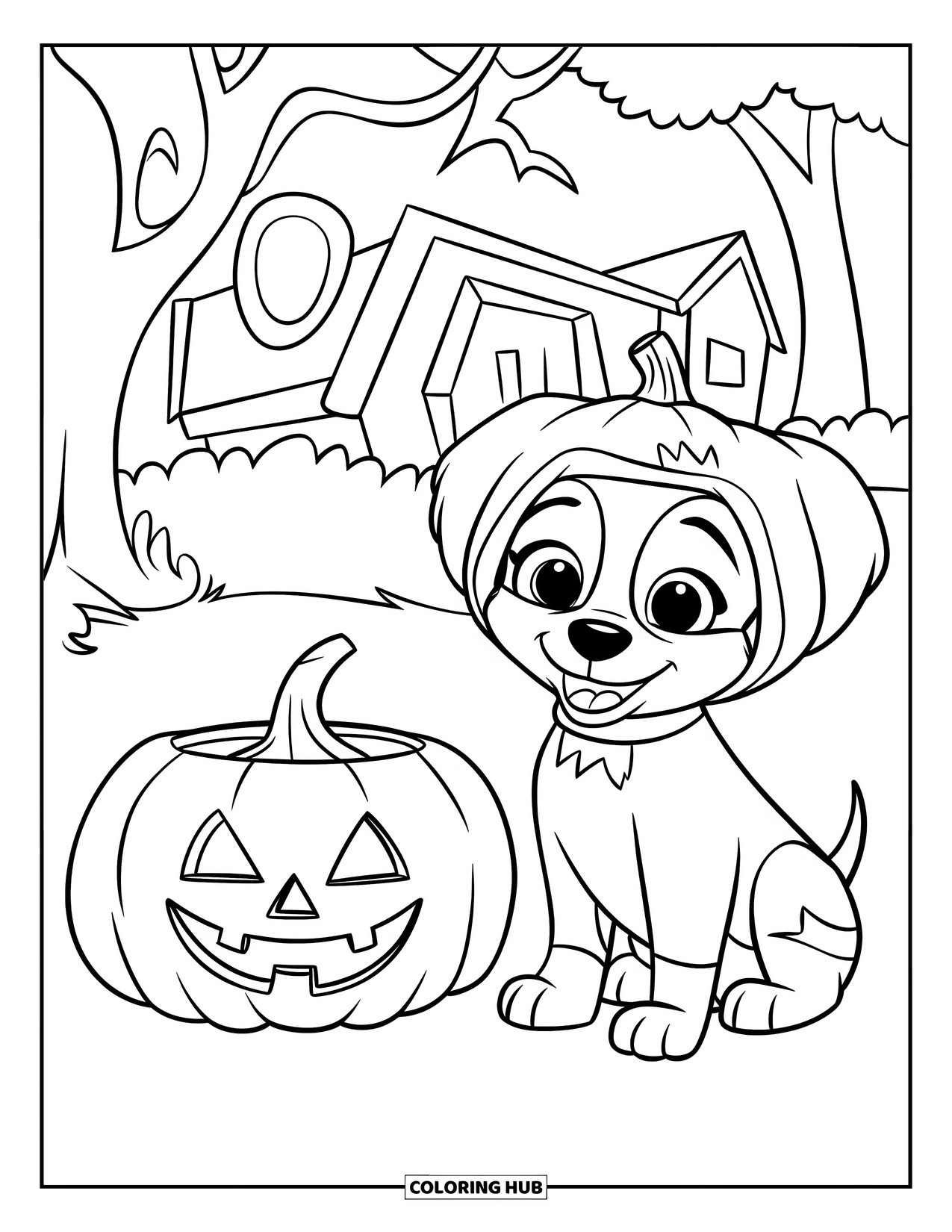 Halloween Dog Coloring Page for Kids: Happy puppy in pumpkin costume beside a jack-o'-lantern and trees