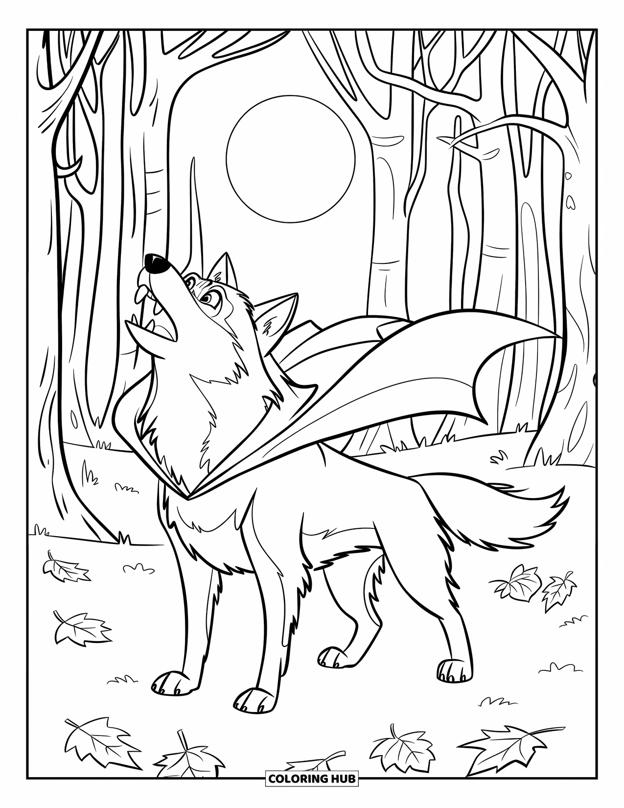 Halloween Dog Coloring Page for Kids: Husky in vampire outfit howling in a dark forest full of leaves