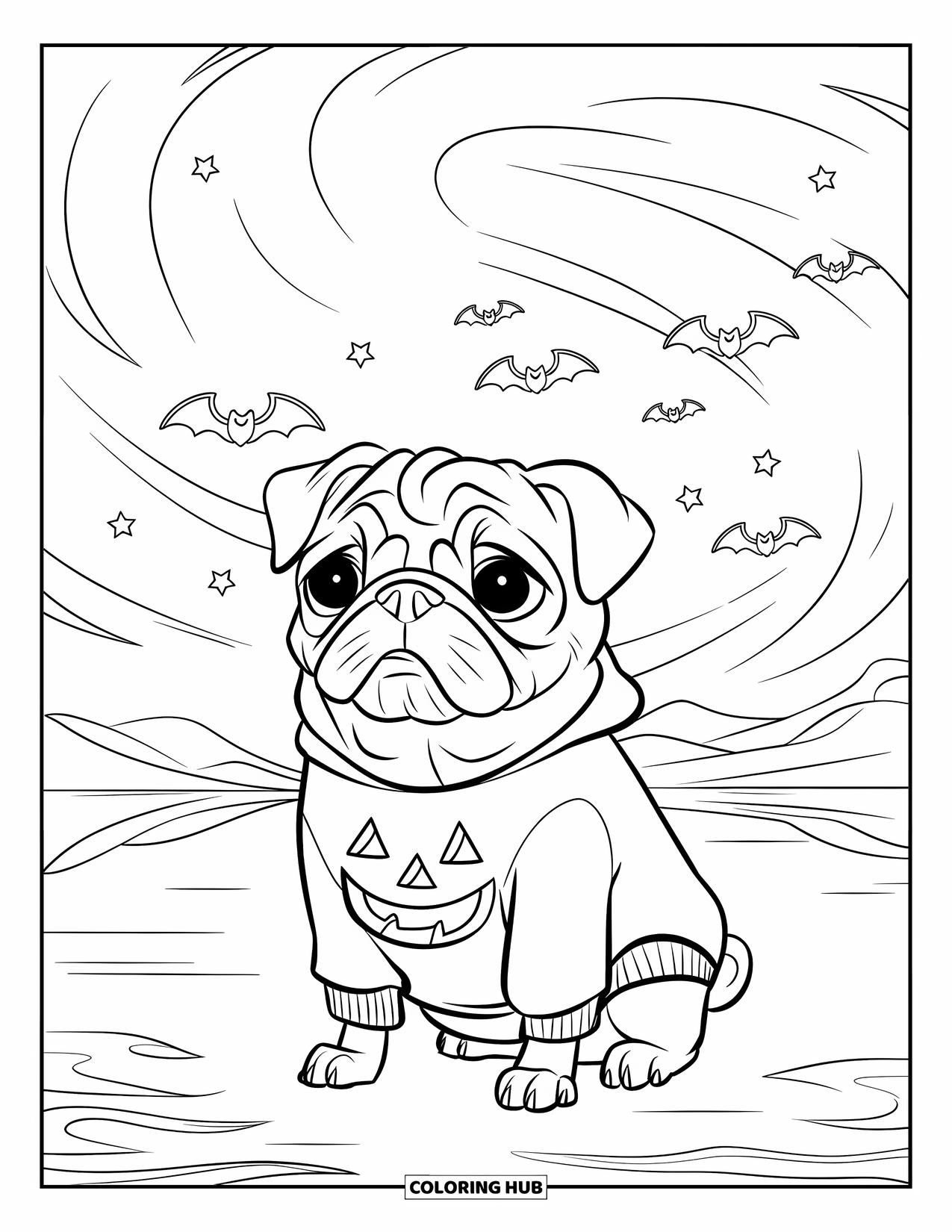Halloween Dog Coloring Page for Kids: Pug in pumpkin hoodie by a lake with bats and reflections