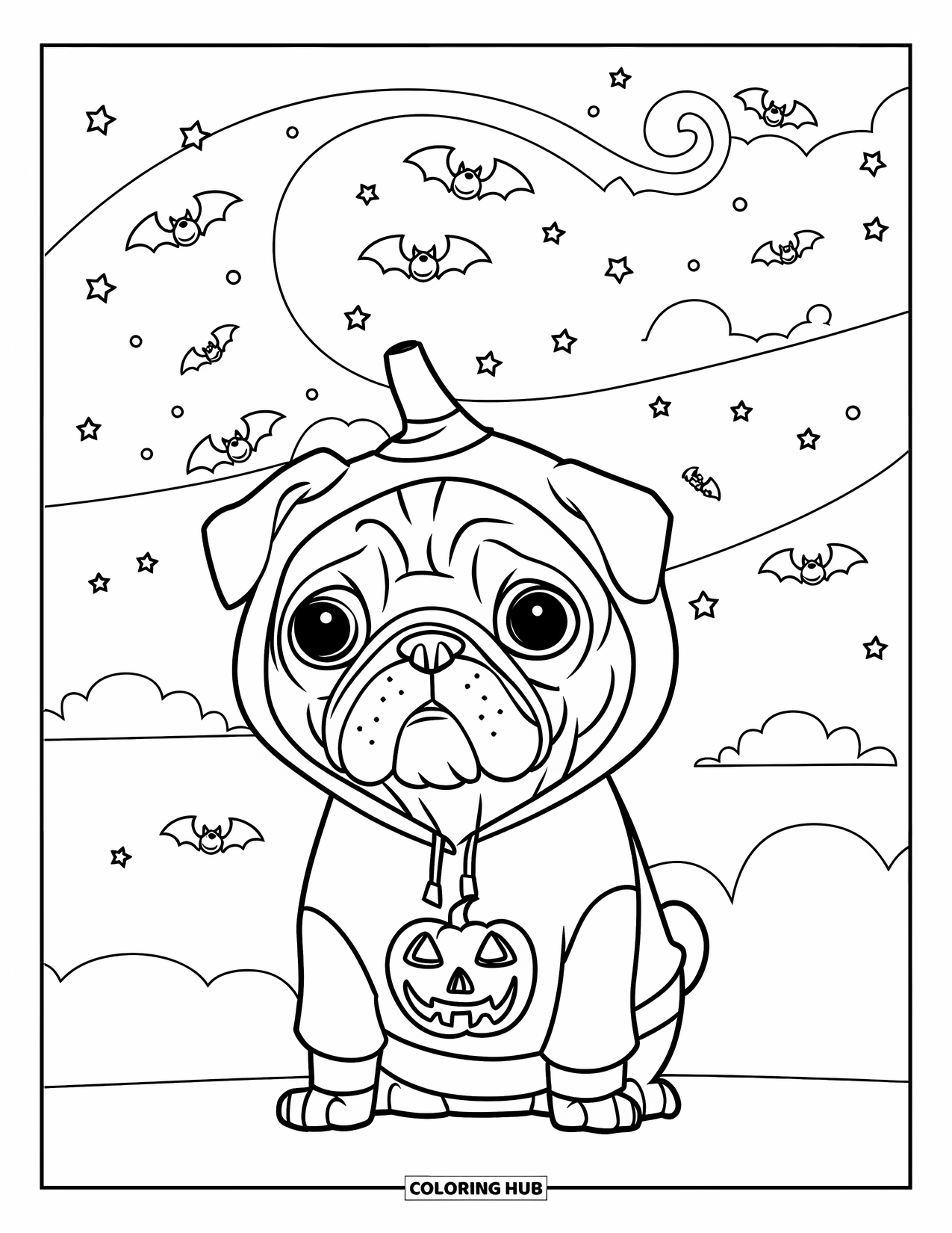 Halloween Dog Coloring Page for Kids: Pug in pumpkin hoodie under swirling bats and a dark night sky