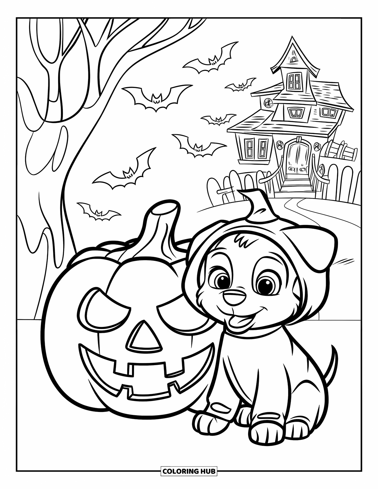 Halloween Dog Coloring Page for Kids: Puppy in a pumpkin costume sitting beside a smiling jack-o'-lantern