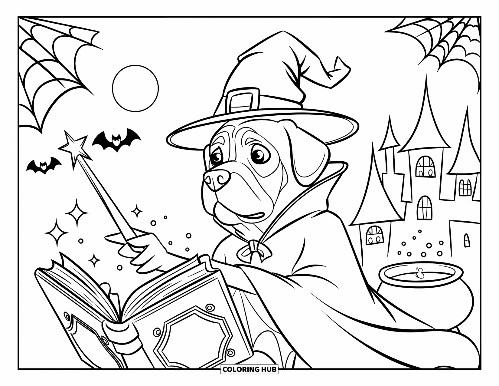 Halloween Dog Coloring Page for Kids: Rottweiler in a wizard cloak casting spells with a floating book and cauldron
