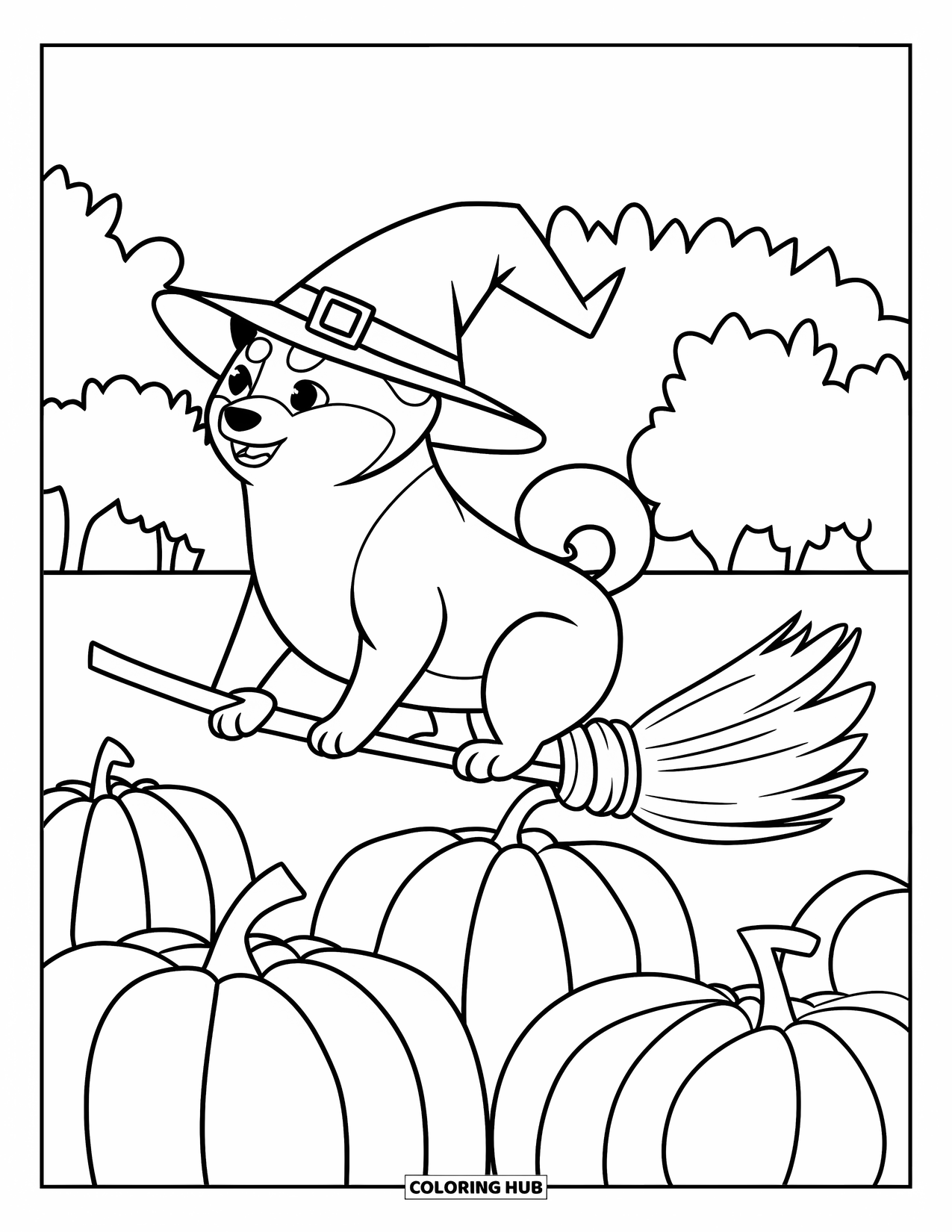 Halloween Dog Coloring Page for Kids: Shiba Inu flying on a broom in a witch costume over pumpkins
