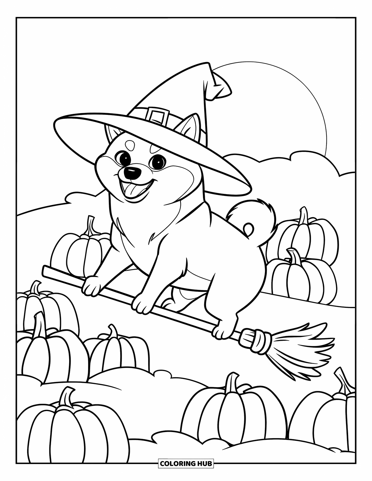 Halloween Dog Coloring Page for Kids: Shiba Inu in witch hat flying with a broom over a sunset pumpkin field