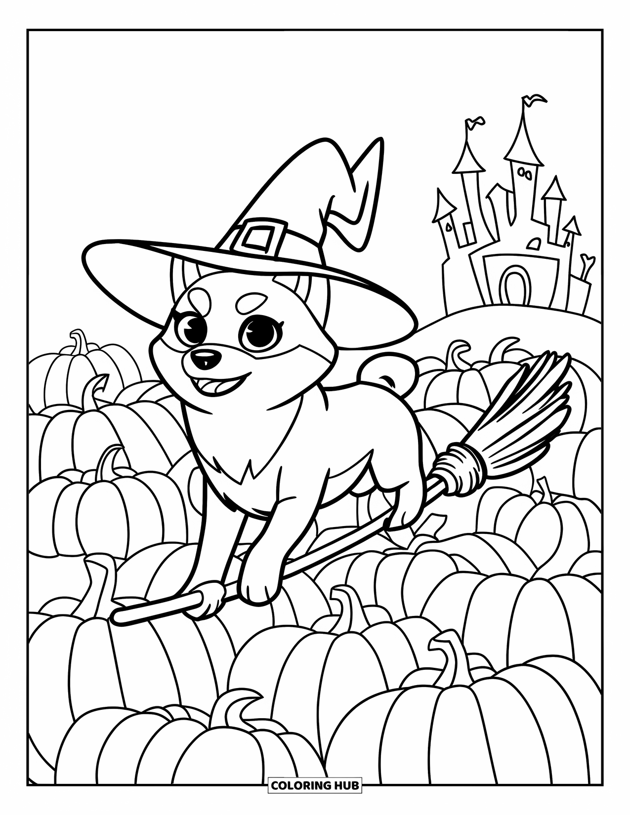 Halloween Dog Coloring Page for Kids: Shiba Inu witch flying over pumpkins with a haunted castle behind