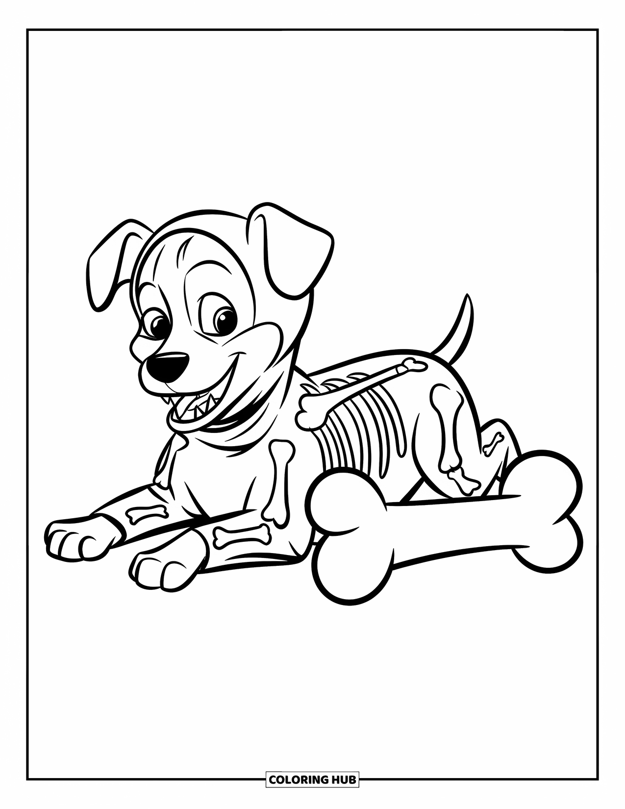 Halloween Dog Coloring Page for Kids: Skeleton dog lying beside a big bone on a clean background