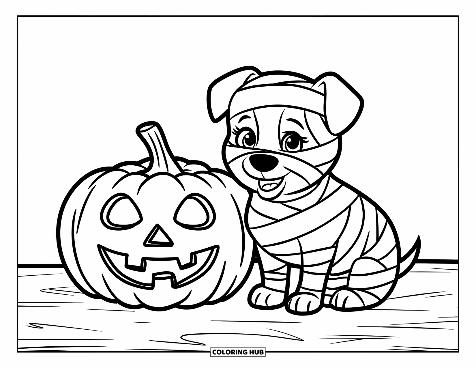 Halloween Dog Coloring Page for Kids: Small mummy dog sitting playfully beside a carved pumpkin