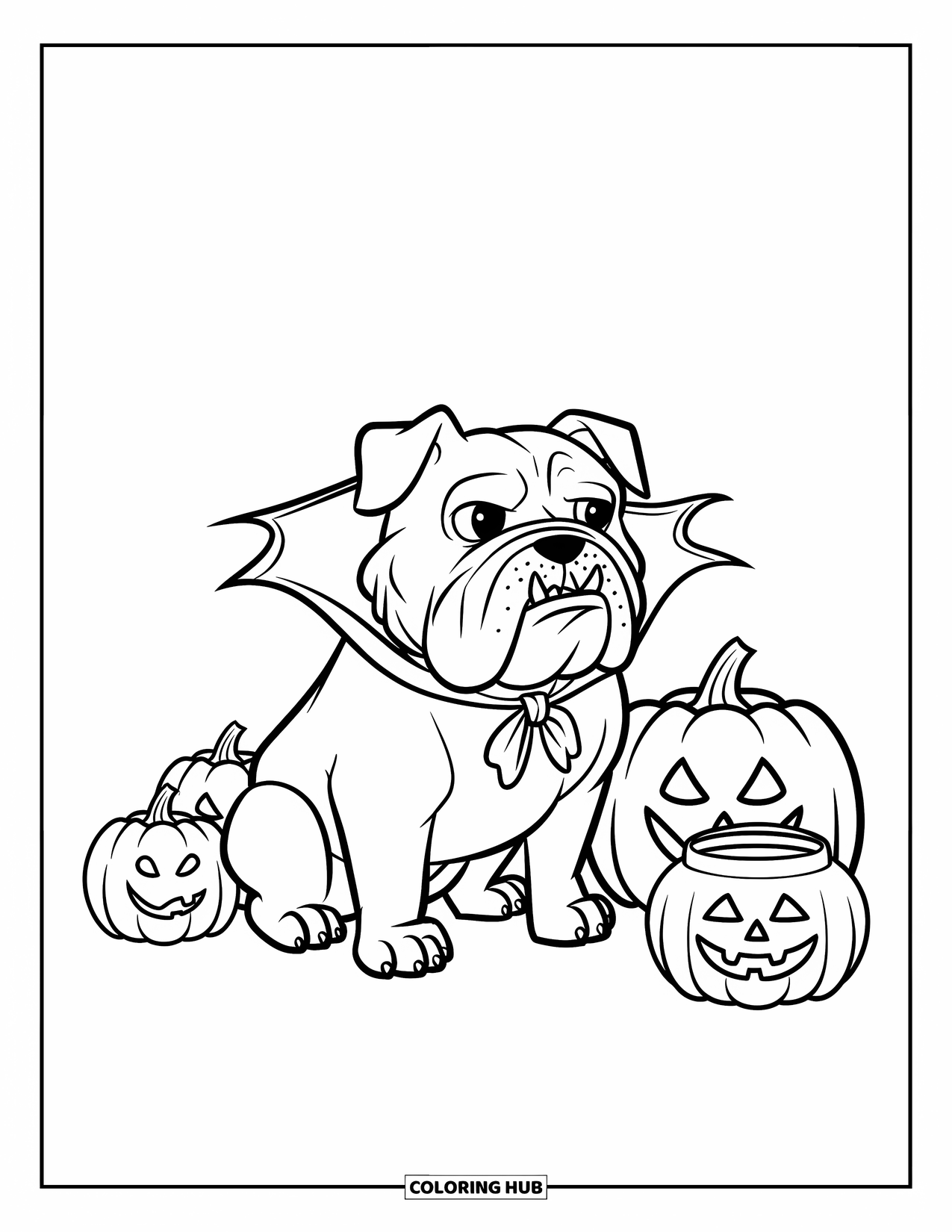 Halloween Dog Coloring Page for Kids: Vampire bulldog beside pumpkins and a treat bucket on white background